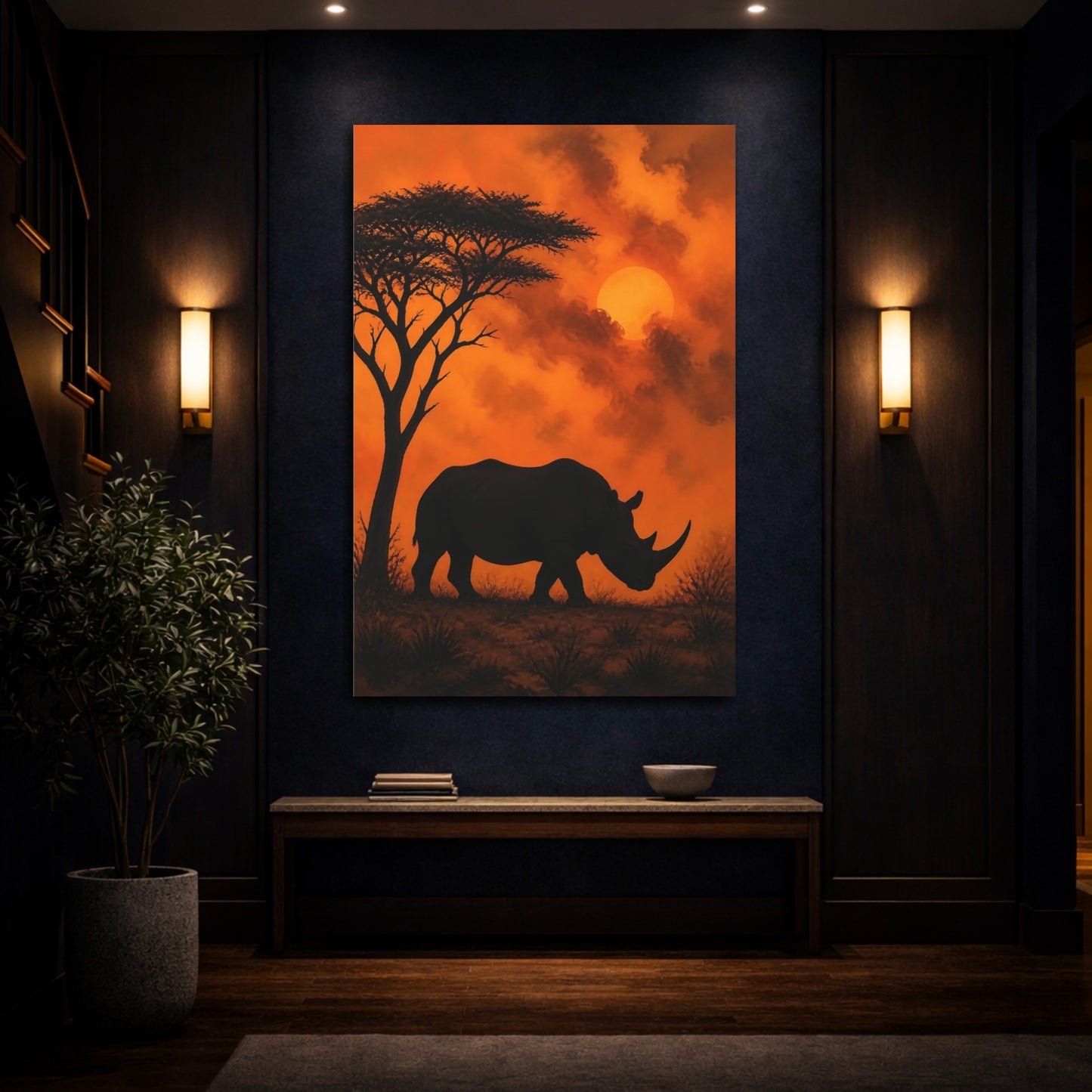 Mockup 4. Rhino Sunset Animals shown as canvas print
