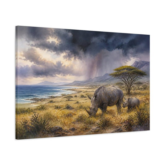 Main Mockup. Rhinos Beneath Storm Clouds shown as canvas print
