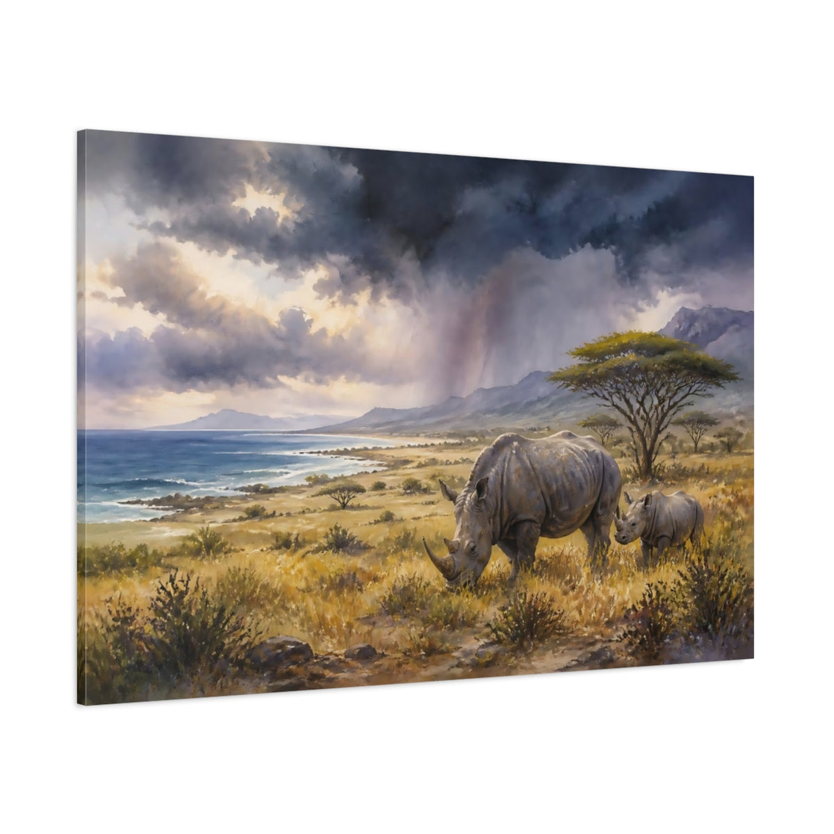 Side Mockup 1. Rhinos Beneath Storm Clouds shown as canvas print