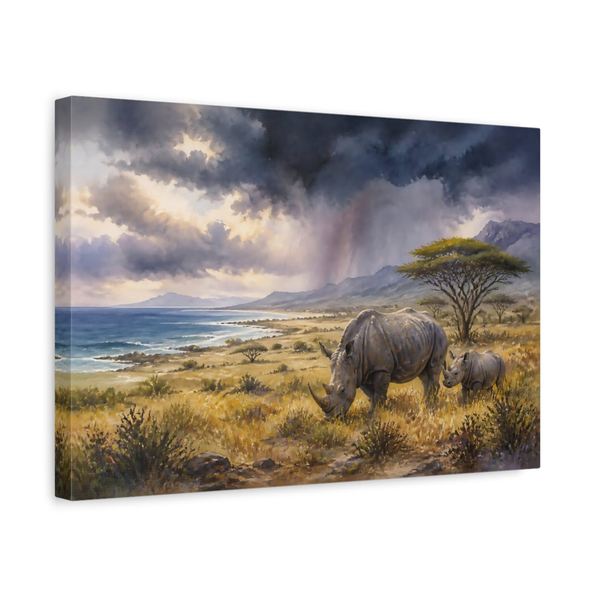 Side Mockup 4. Rhinos Beneath Storm Clouds shown as canvas print
