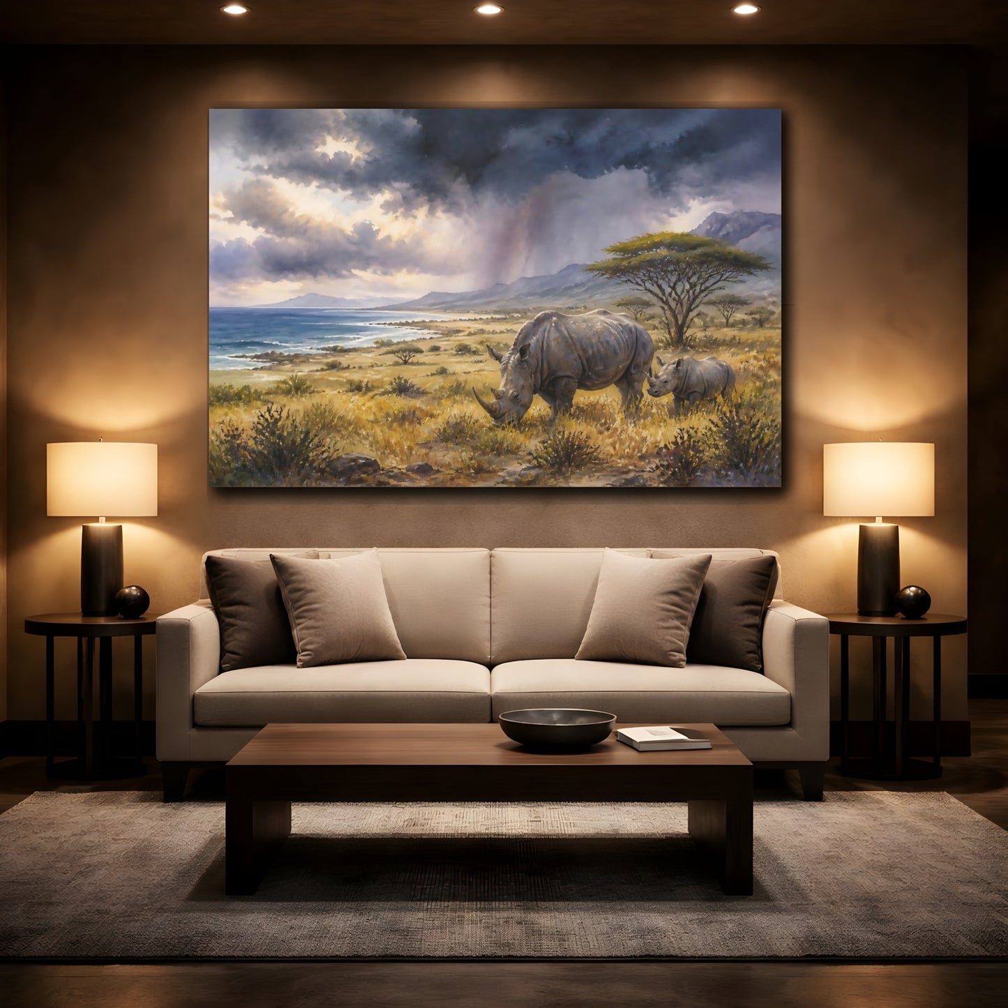 Mockup 2. Rhinos Beneath Storm Clouds shown as canvas print