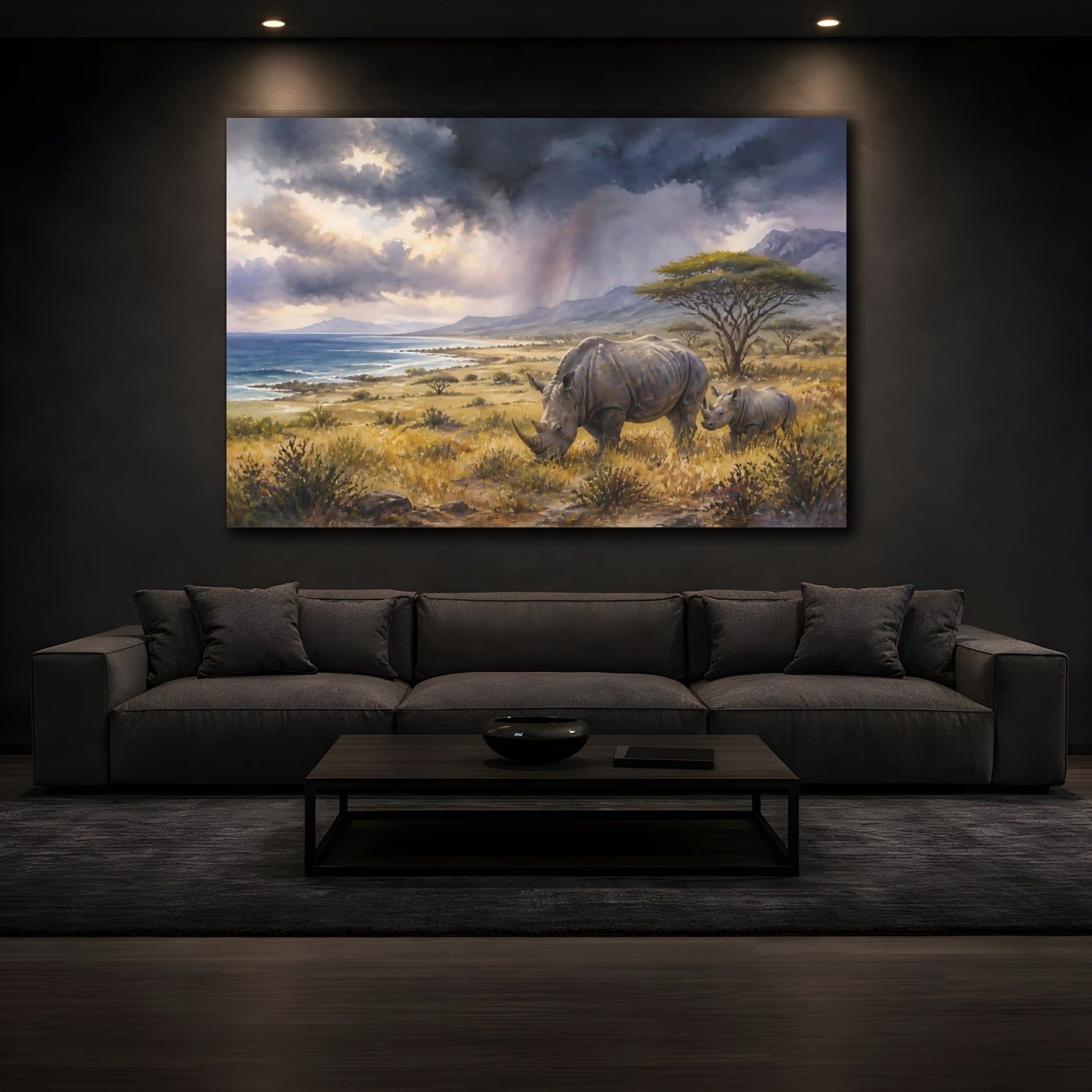 Mockup 3. Rhinos Beneath Storm Clouds shown as canvas print