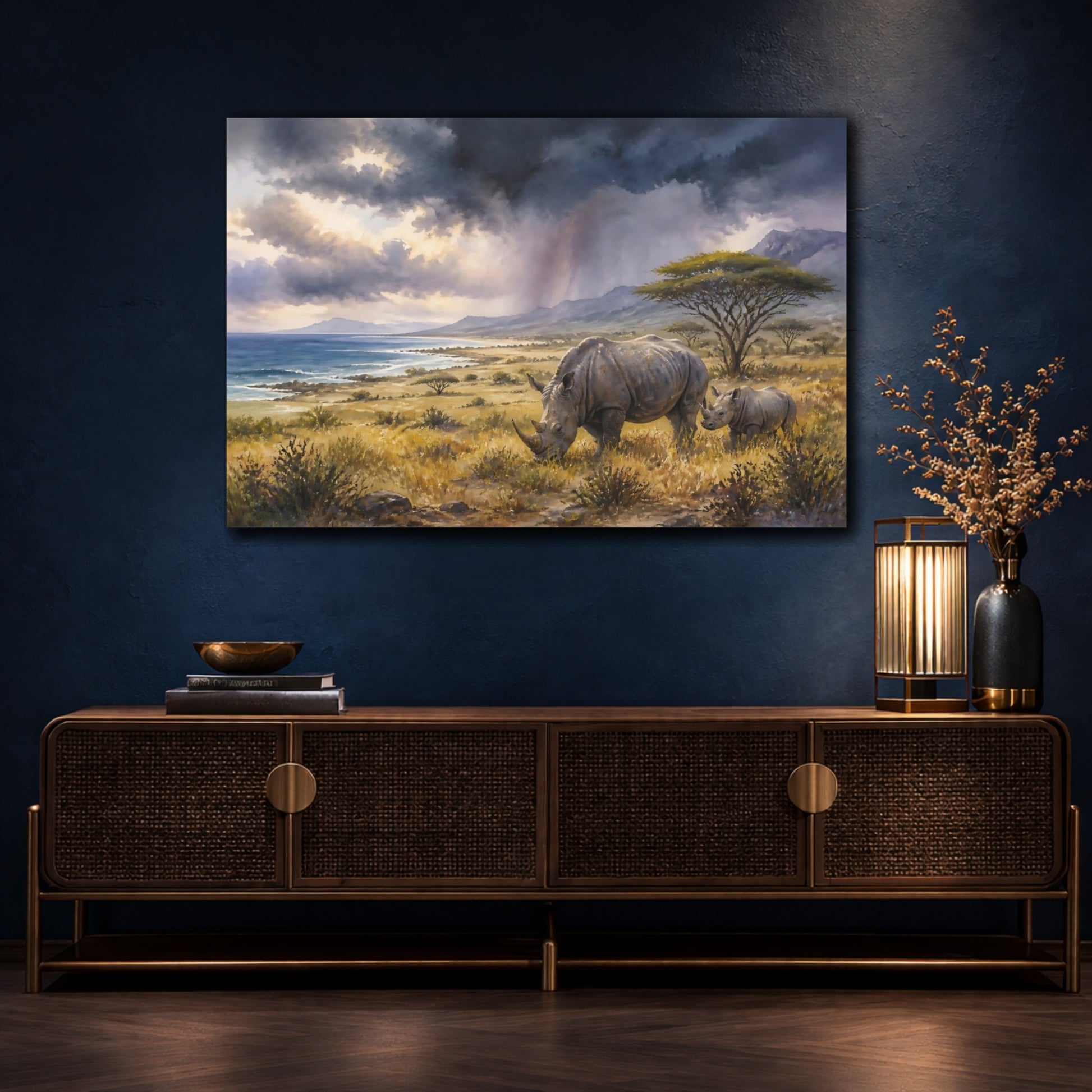 Mockup 4. Rhinos Beneath Storm Clouds shown as canvas print