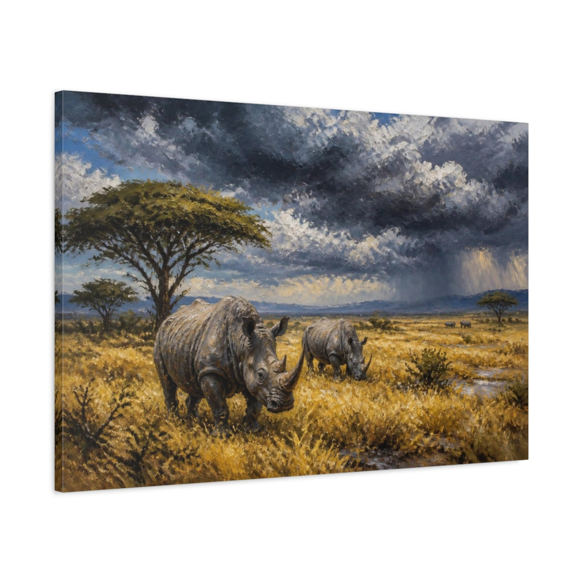 Main Mockup. Rhinos In Stormy Landscape shown as canvas print