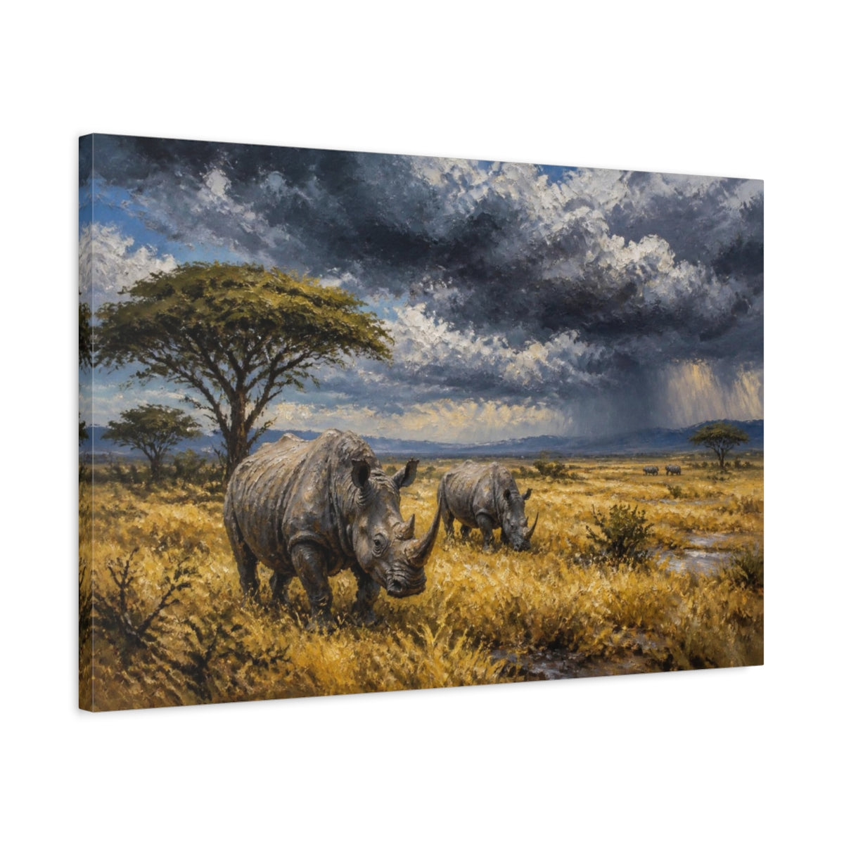 Side Mockup 2. Rhinos In Stormy Landscape shown as canvas print