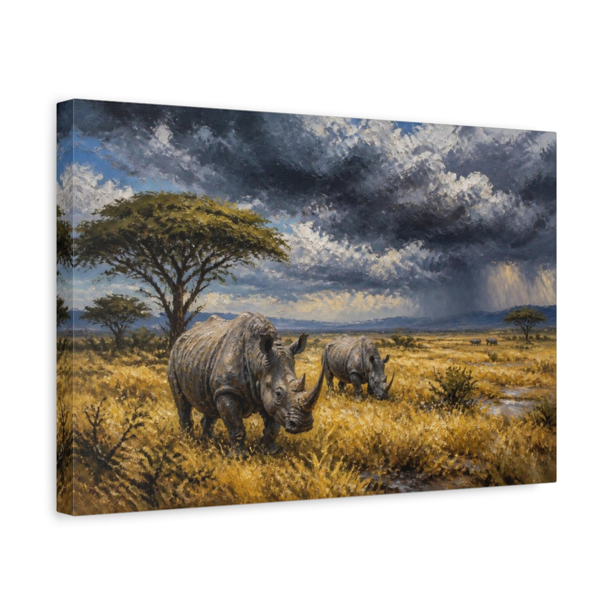 Side Mockup 4. Rhinos In Stormy Landscape shown as canvas print