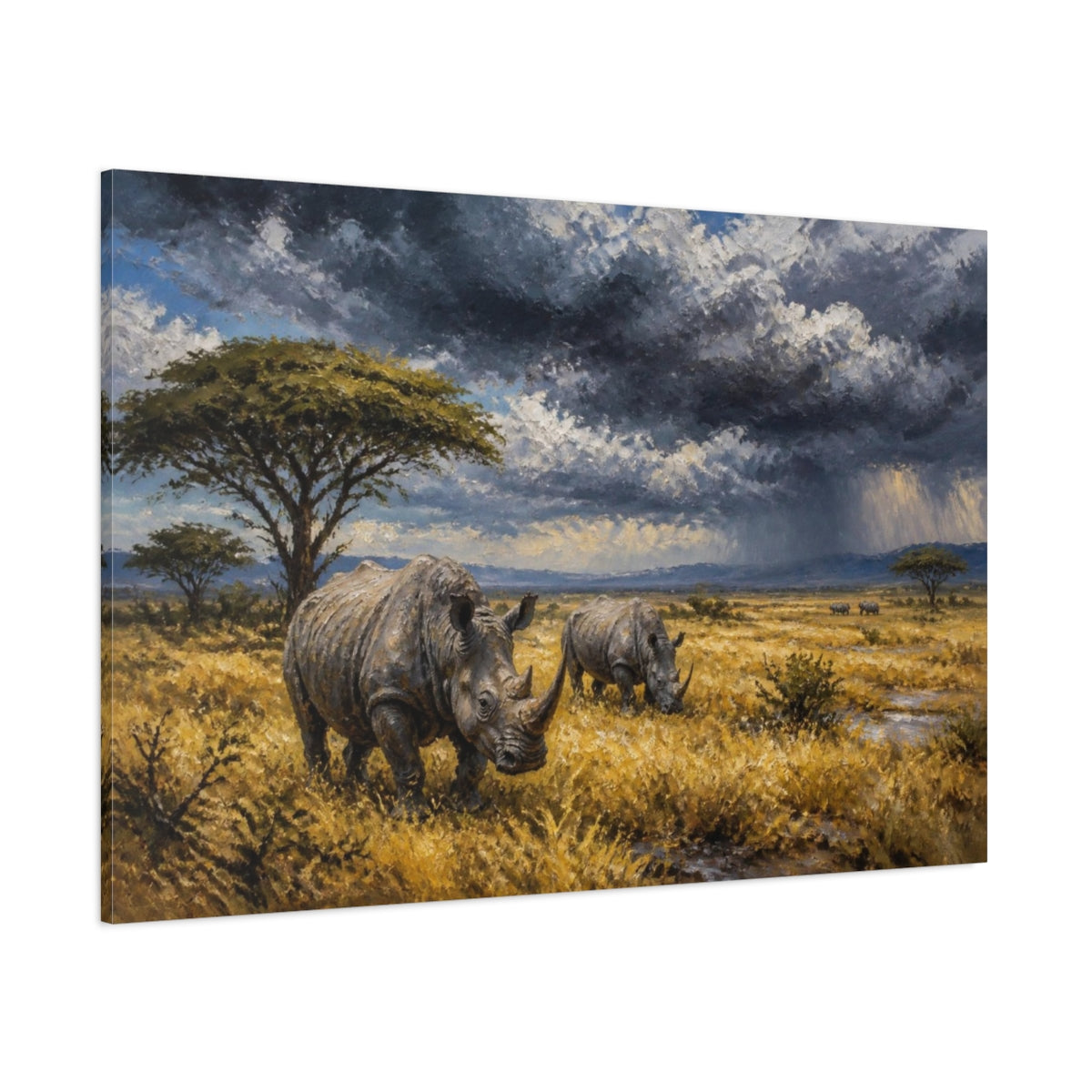 Side Mockup 1. Rhinos In Stormy Landscape shown as canvas print