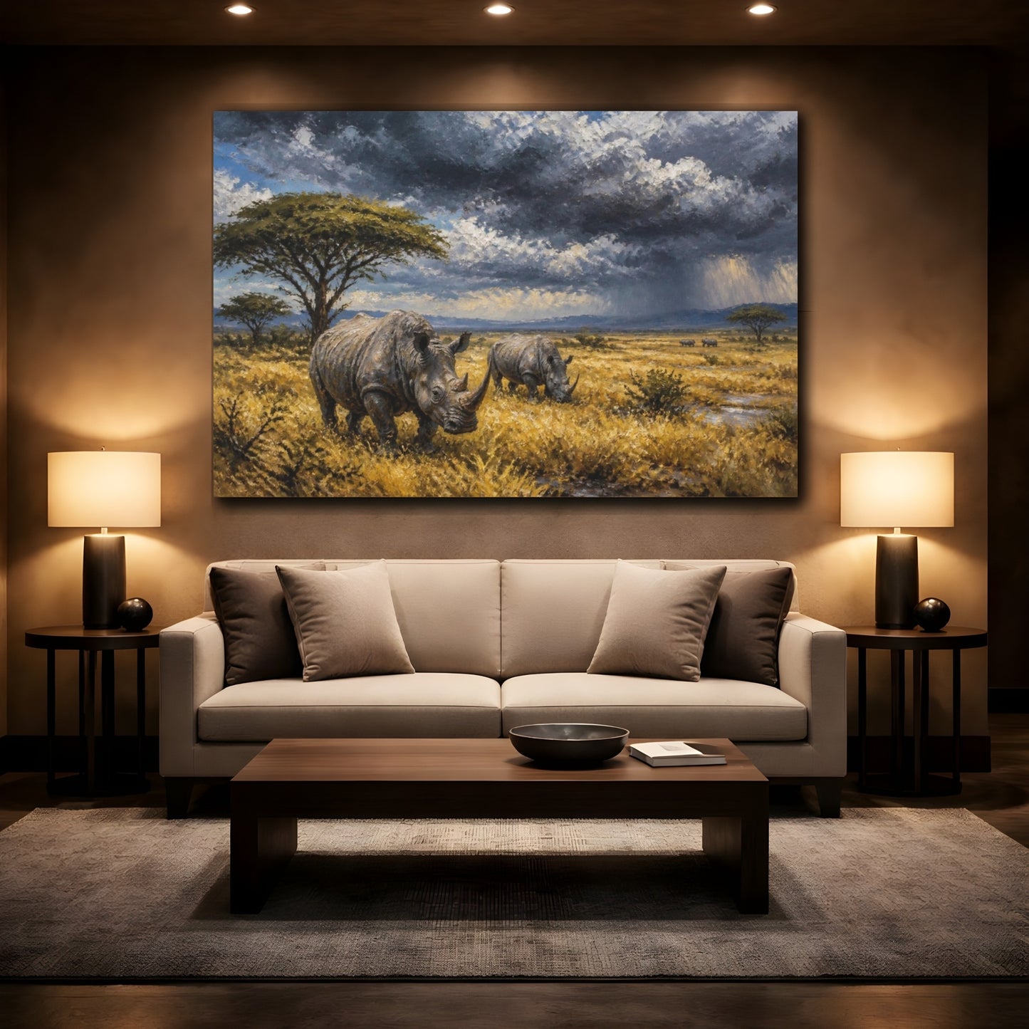 Mockup 2. Rhinos In Stormy Landscape shown as canvas print