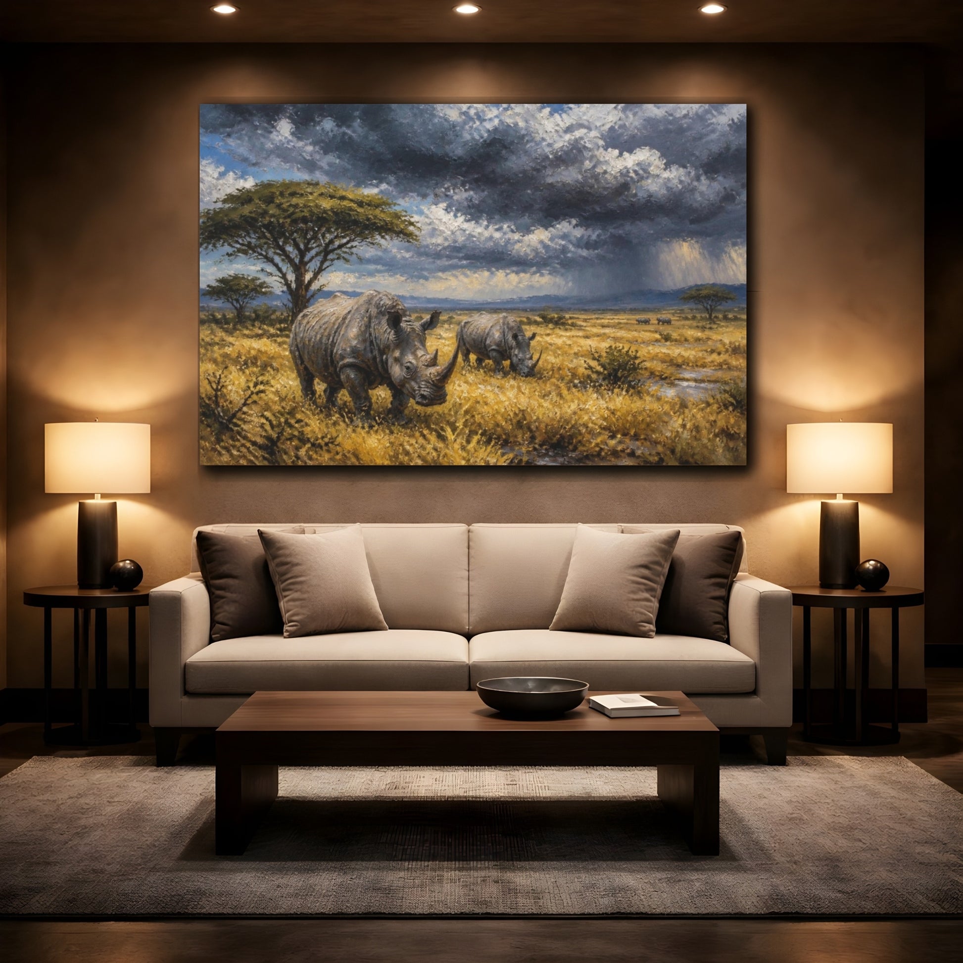 Mockup 2. Rhinos In Stormy Landscape shown as canvas print