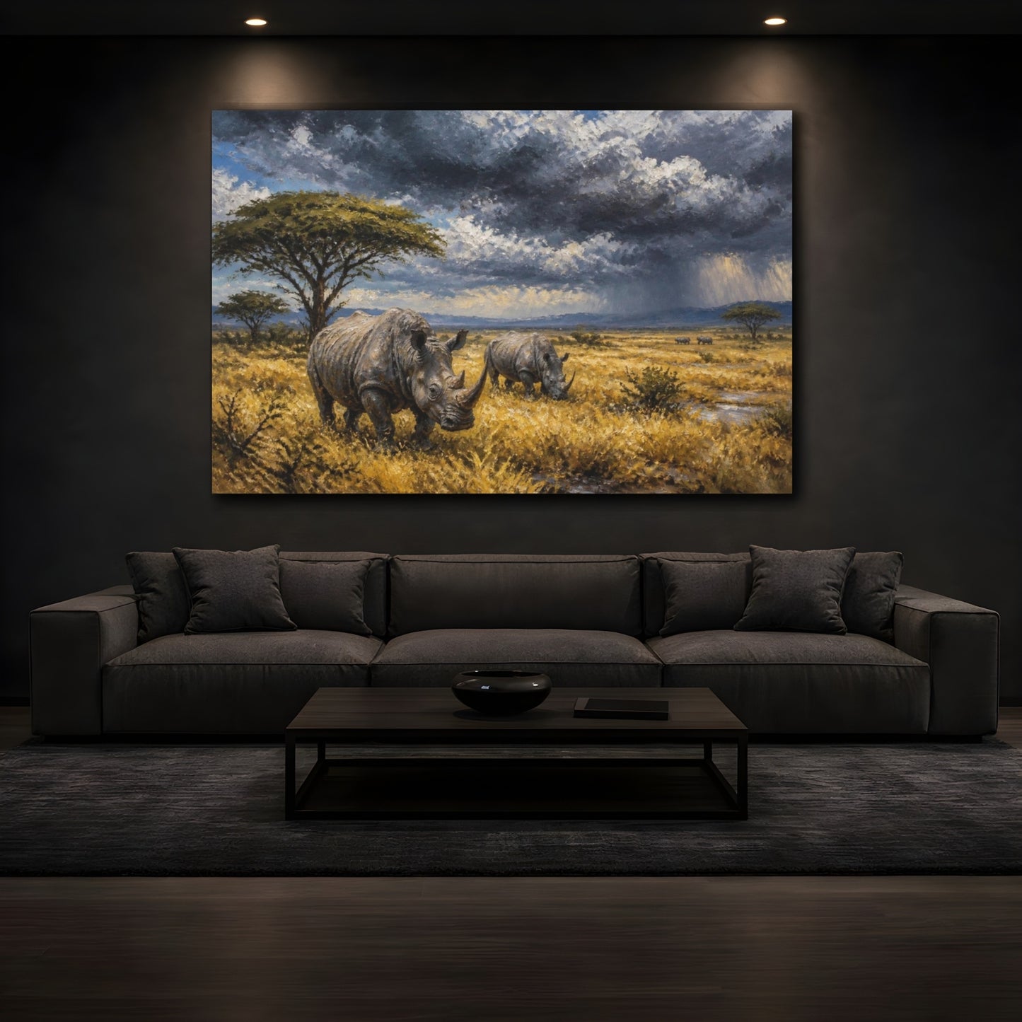 Mockup 3. Rhinos In Stormy Landscape shown as canvas print