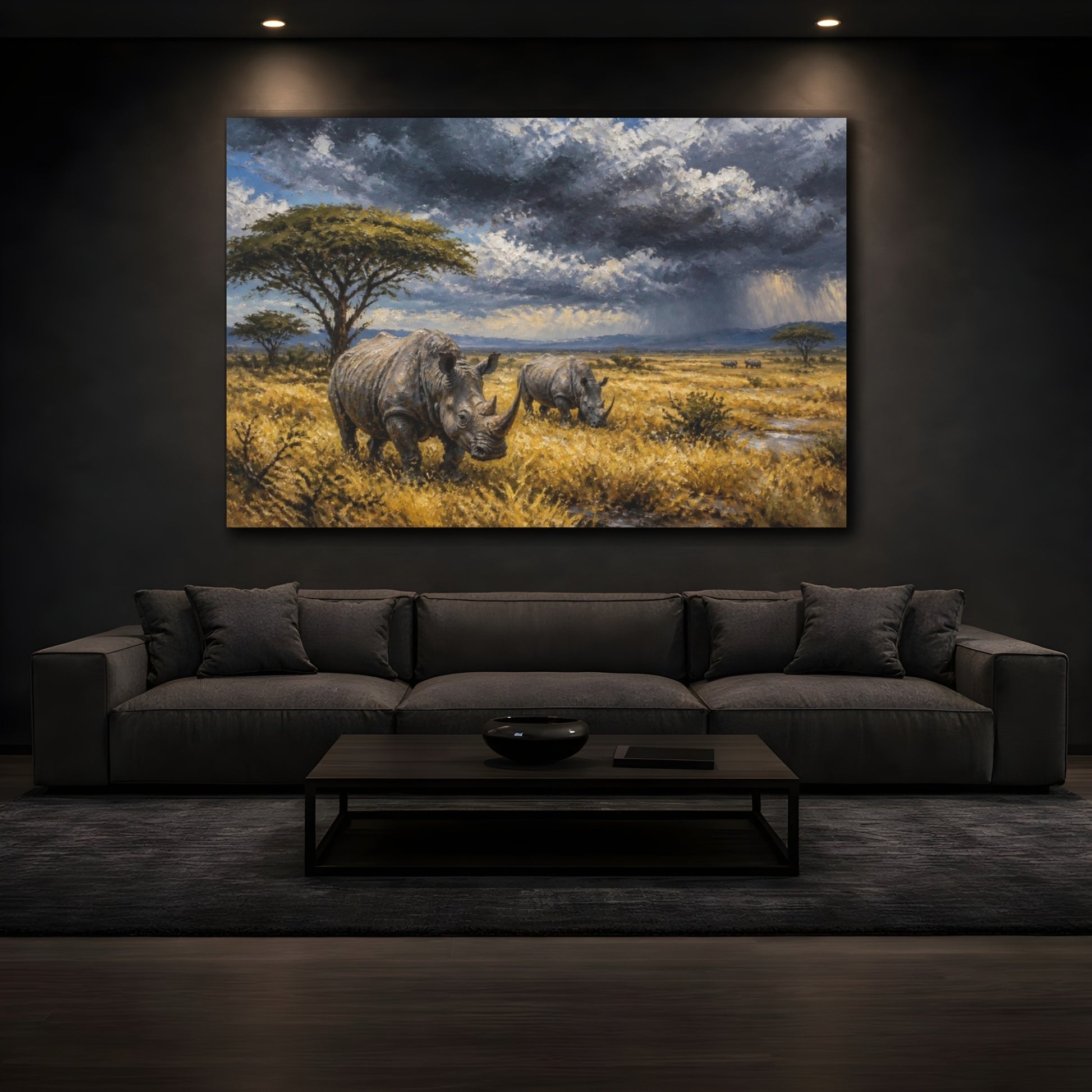 Mockup 3. Rhinos In Stormy Landscape shown as canvas print