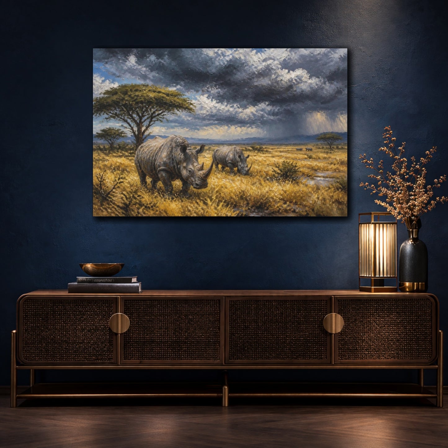 Mockup 4. Rhinos In Stormy Landscape shown as canvas print