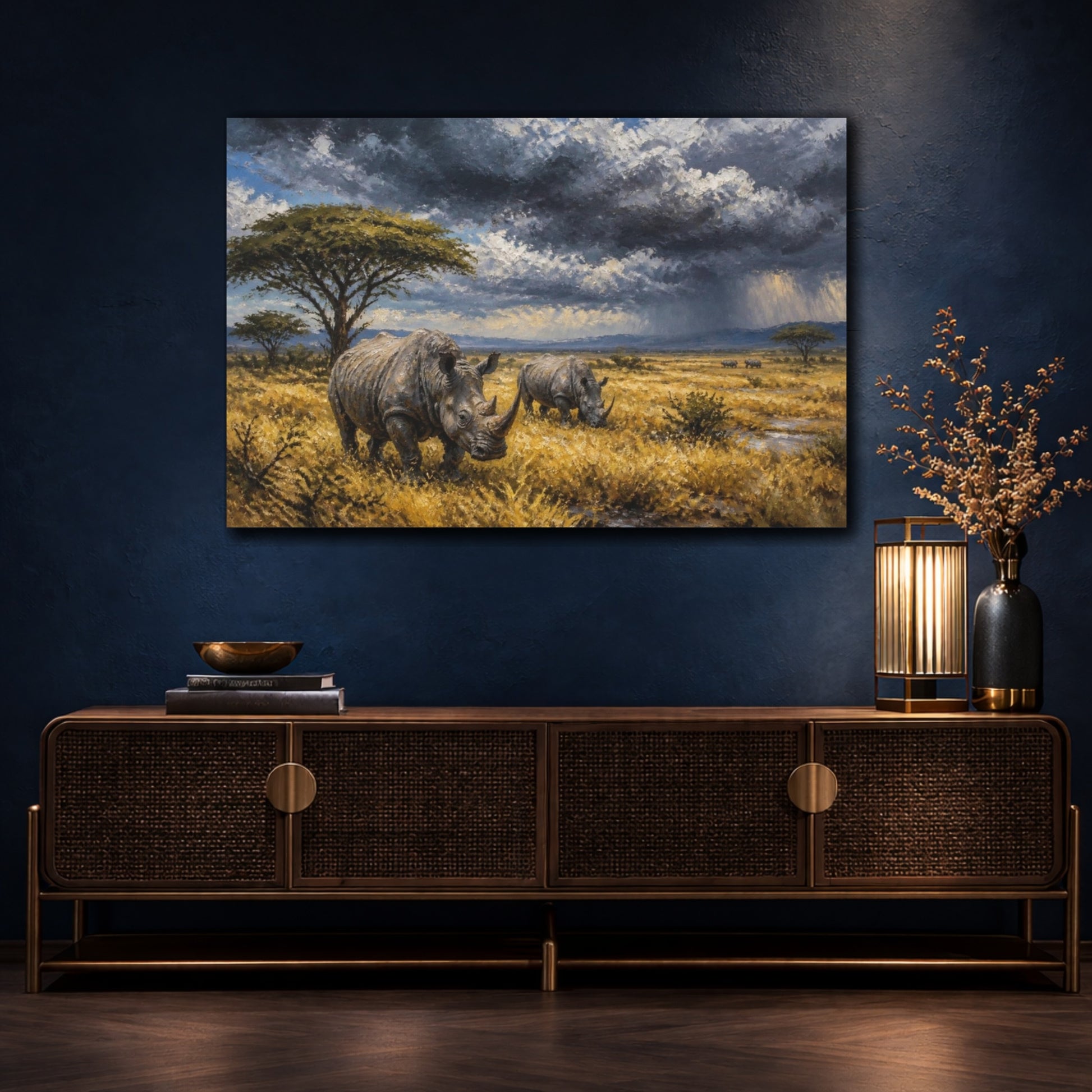 Mockup 4. Rhinos In Stormy Landscape shown as canvas print