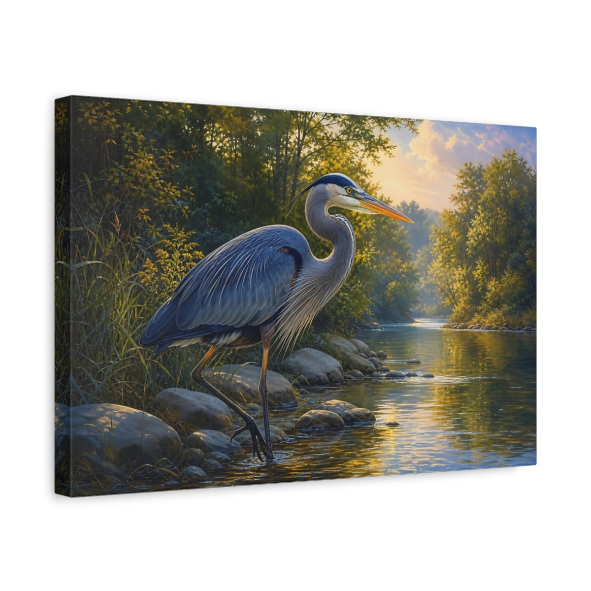 Side Mockup 4. Rich Layered Realism Blue Heron By Quiet River shown as stretched canvas wall art