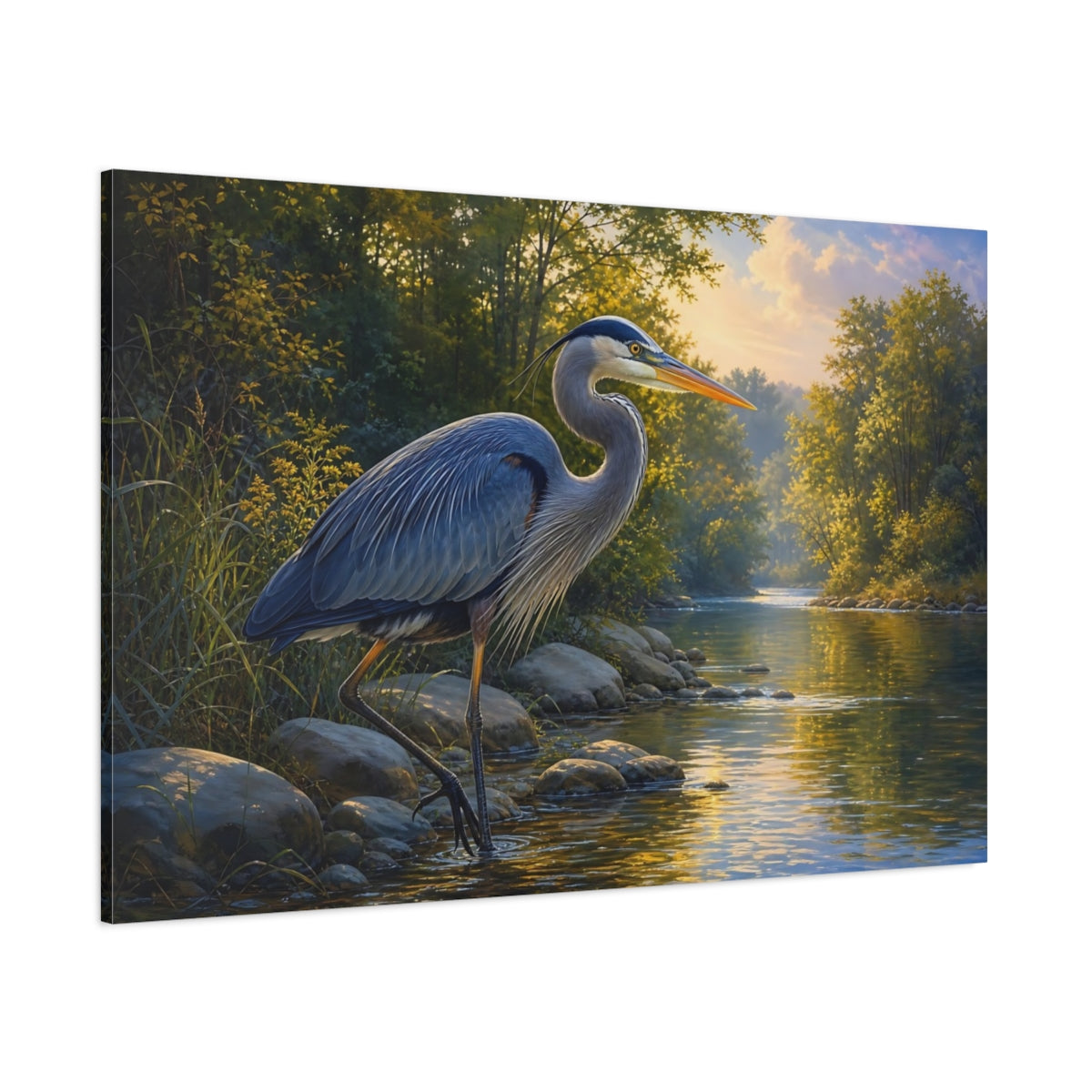 Side Mockup 1. Rich Layered Realism Blue Heron By Quiet River shown as stretched canvas wall art