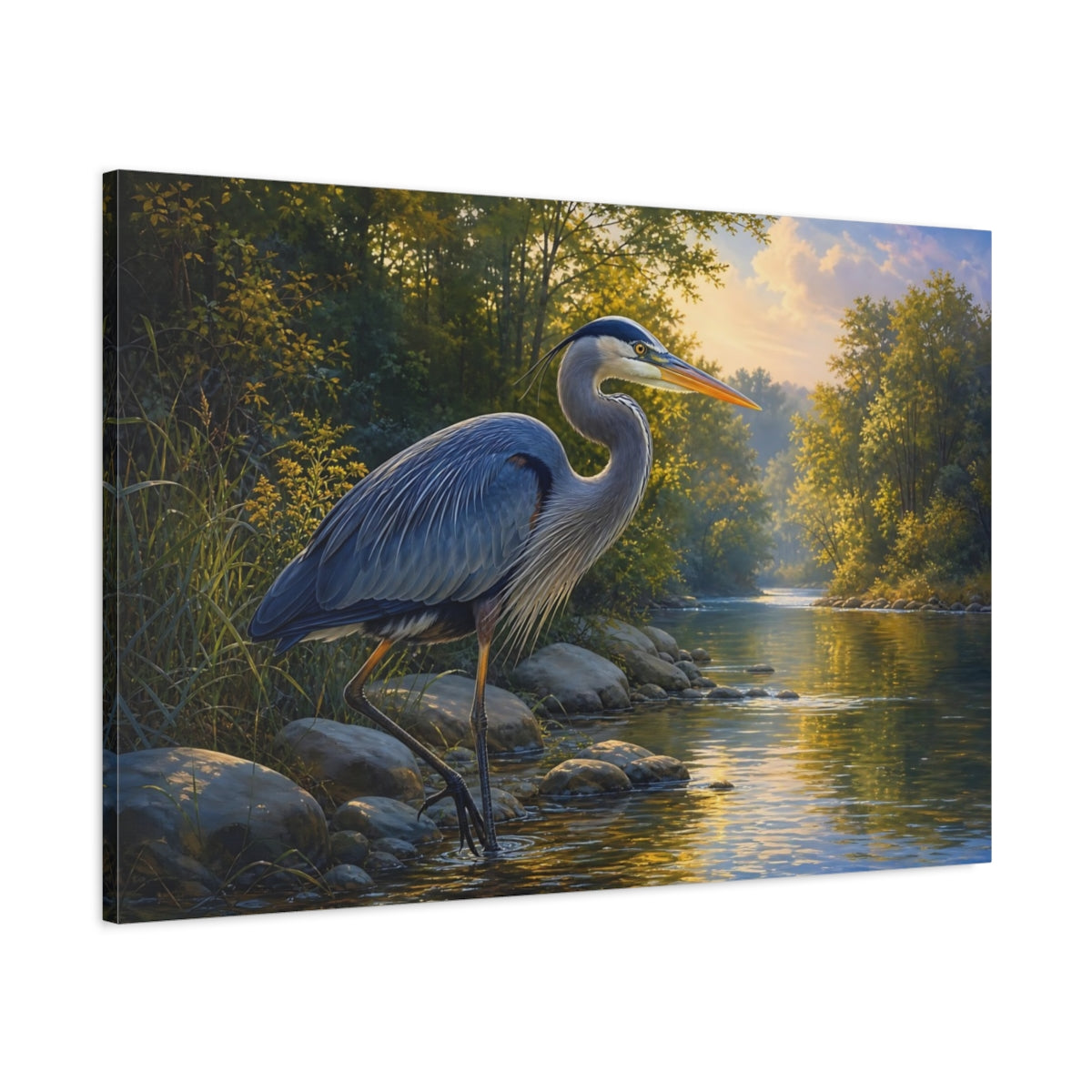 Main Mockup. Rich Layered Realism Blue Heron By Quiet River shown as stretched canvas wall art