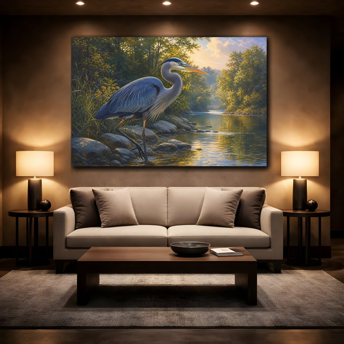 Mockup 2. Rich Layered Realism Blue Heron By Quiet River shown as stretched canvas wall art