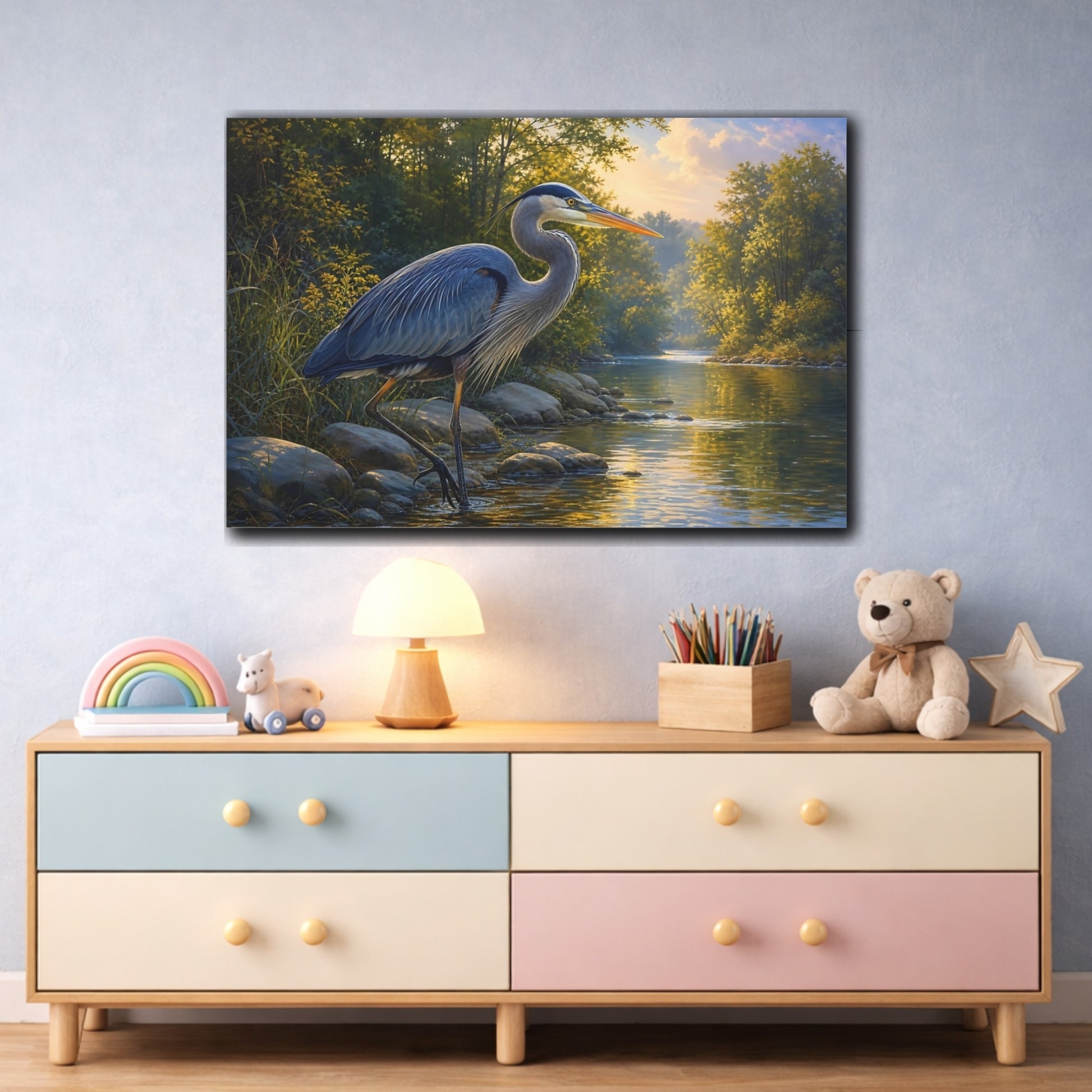 Mockup 3. Rich Layered Realism Blue Heron By Quiet River shown as stretched canvas wall art