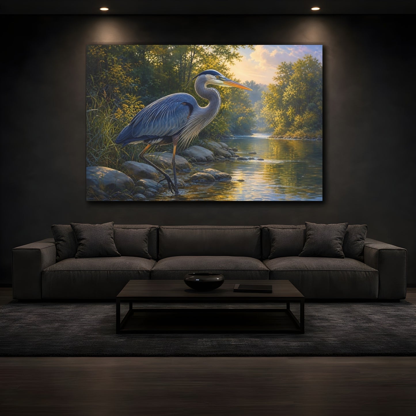 Mockup 4. Rich Layered Realism Blue Heron By Quiet River shown as stretched canvas wall art