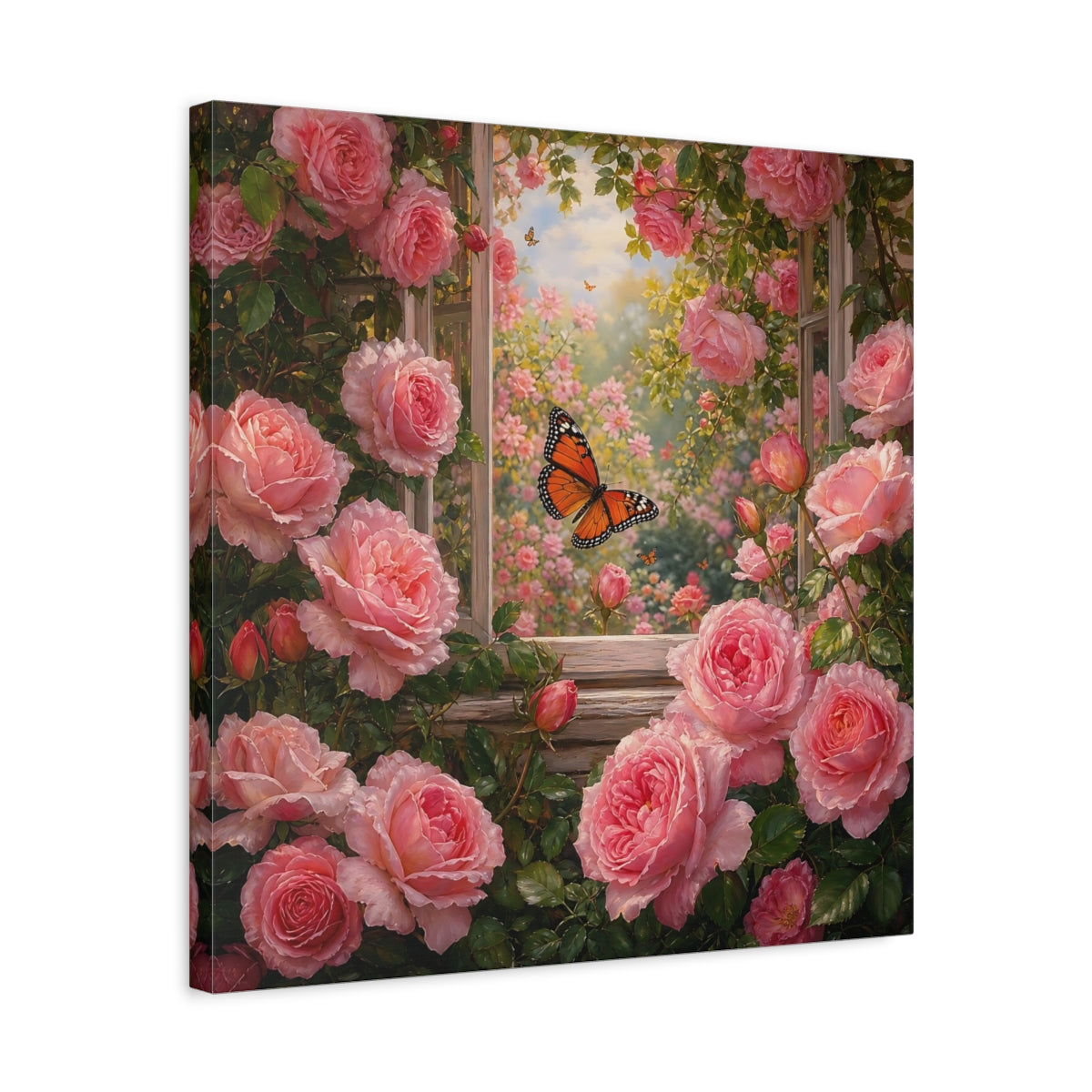 Side Mockup 5. Rich Layered Realism Butterfly Among Garden Roses shown as stretched canvas wall art