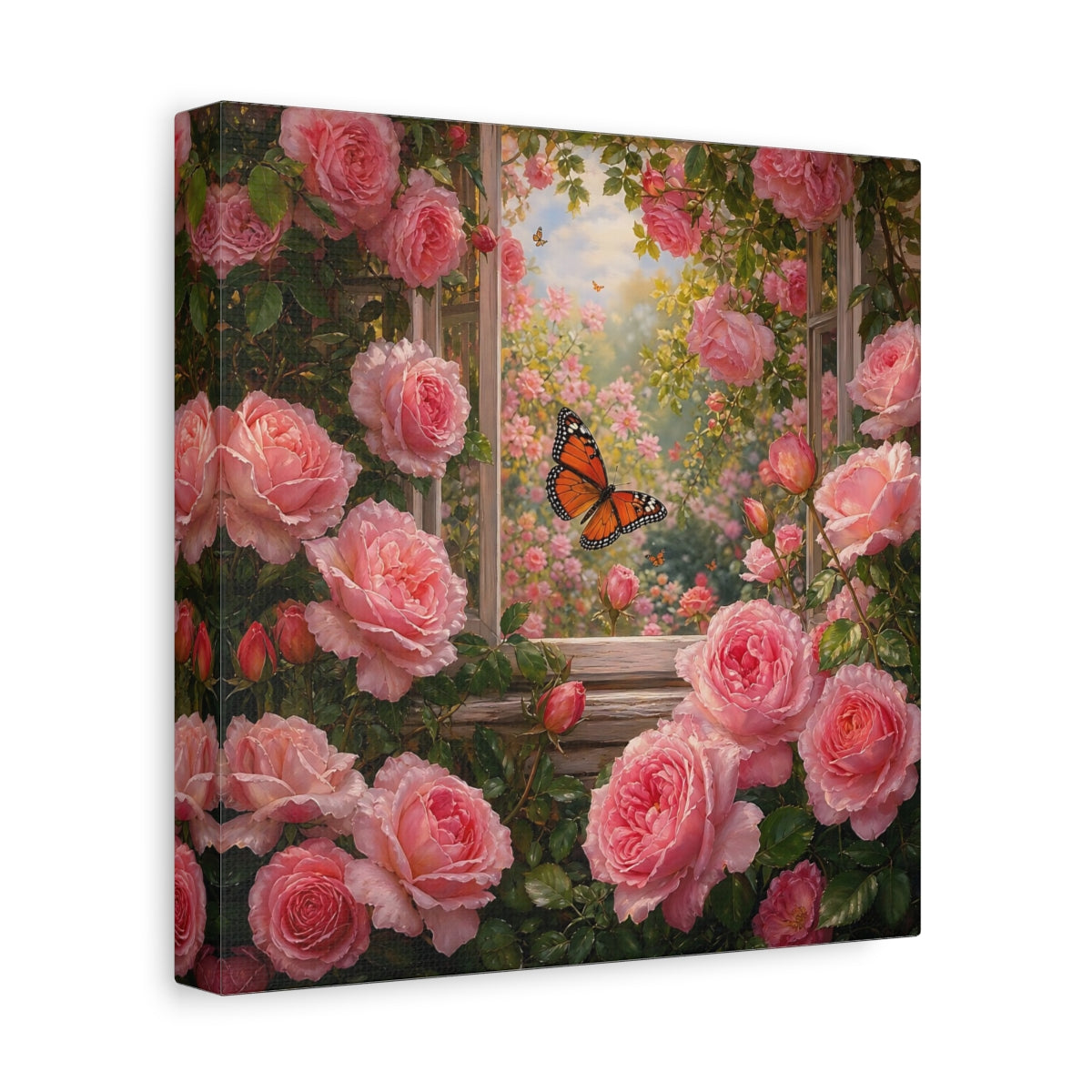 Side Mockup 9. Rich Layered Realism Butterfly Among Garden Roses shown as stretched canvas wall art