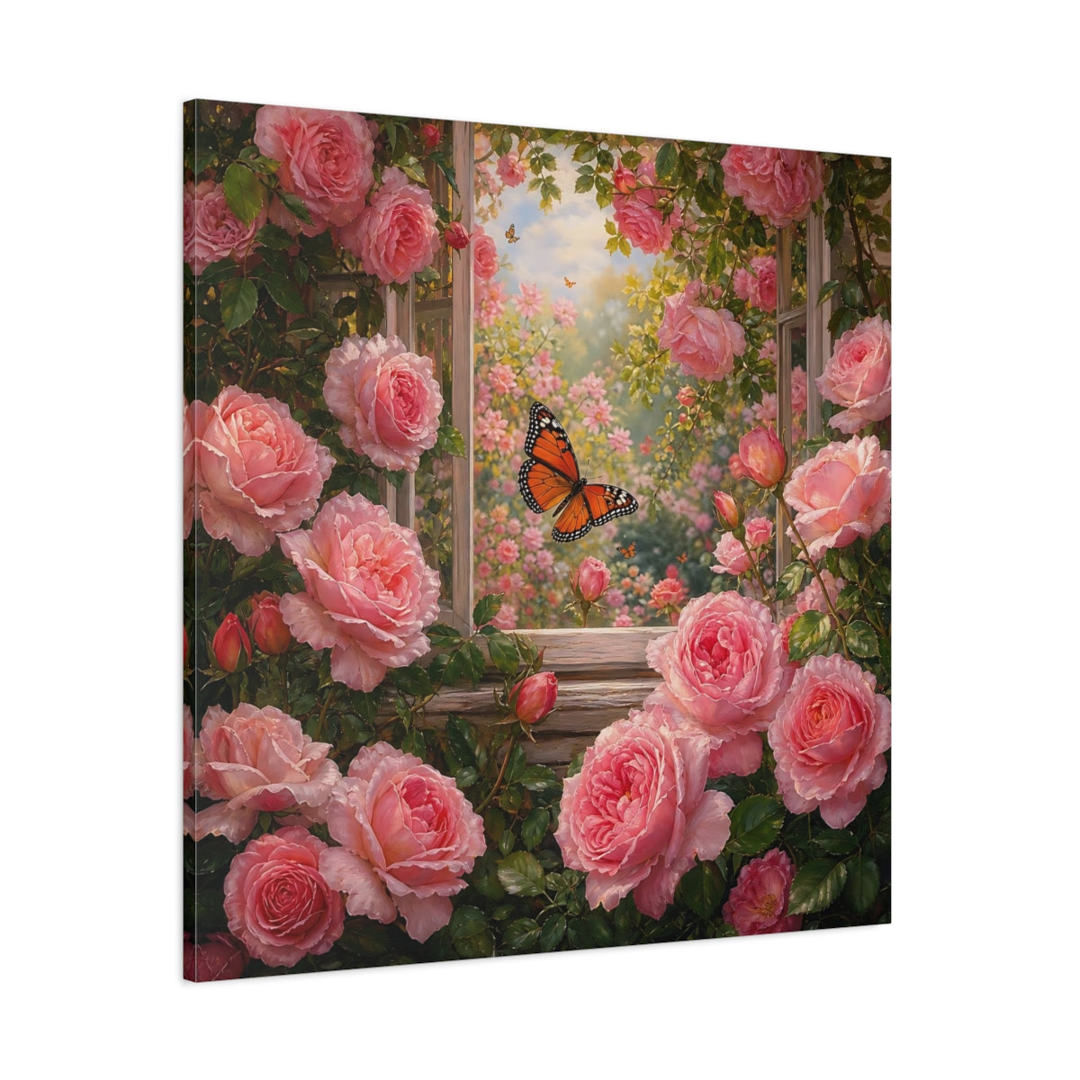 Side Mockup 1. Rich Layered Realism Butterfly Among Garden Roses shown as stretched canvas wall art