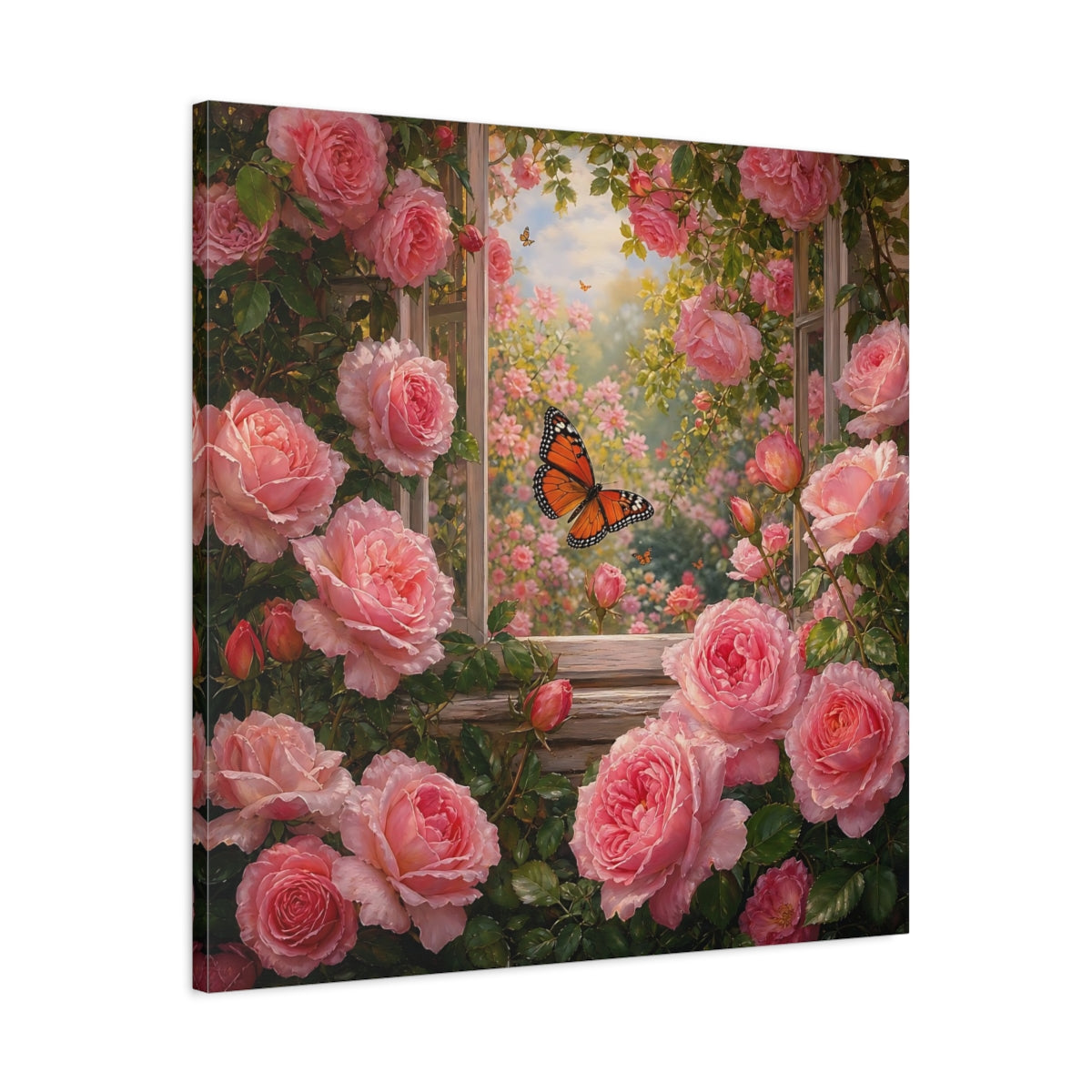 Side Mockup 3. Rich Layered Realism Butterfly Among Garden Roses shown as stretched canvas wall art