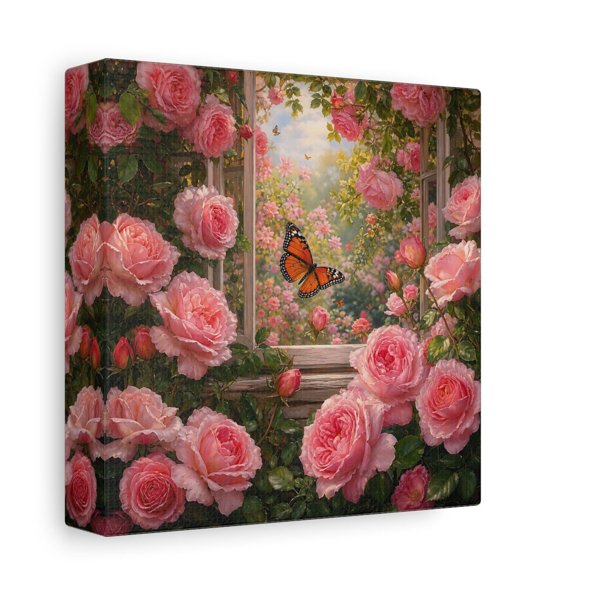Side Mockup 2. Rich Layered Realism Butterfly Among Garden Roses shown as stretched canvas wall art