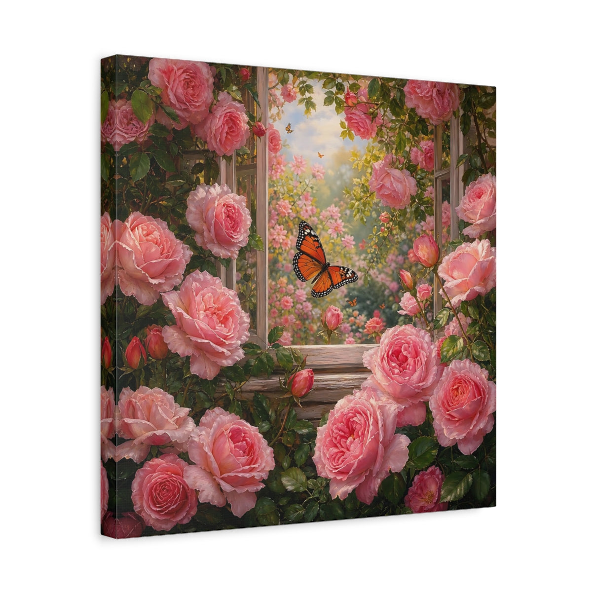 Side Mockup 6. Rich Layered Realism Butterfly Among Garden Roses shown as stretched canvas wall art