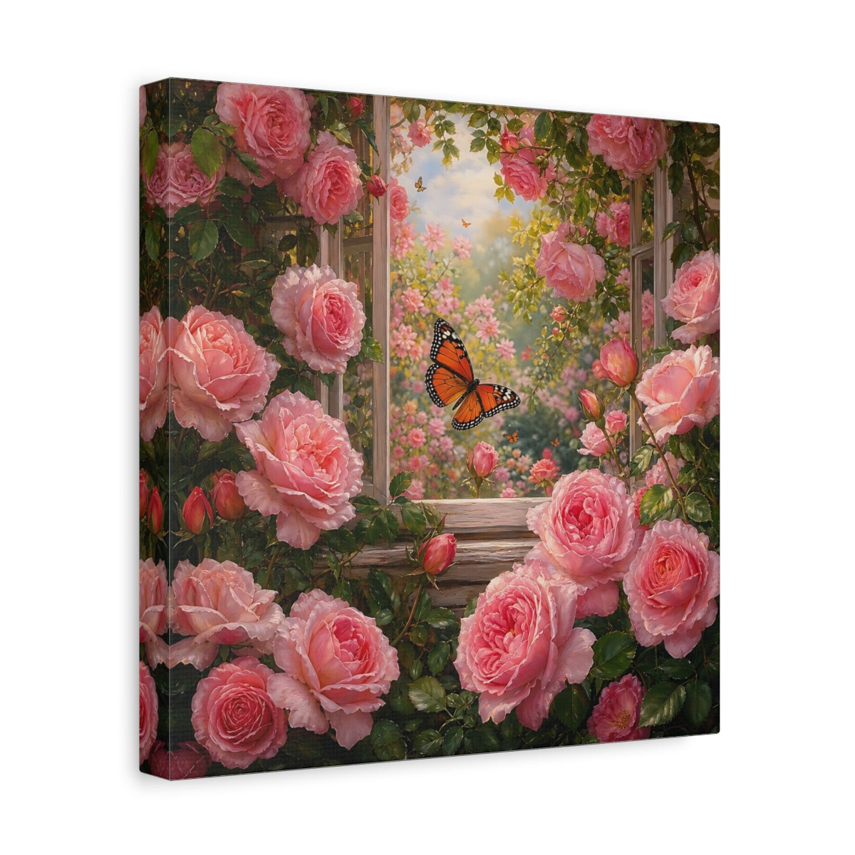 Side Mockup 8. Rich Layered Realism Butterfly Among Garden Roses shown as stretched canvas wall art