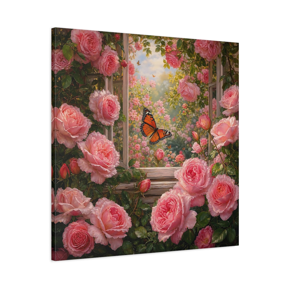 Main Mockup. Rich Layered Realism Butterfly Among Garden Roses shown as stretched canvas wall art