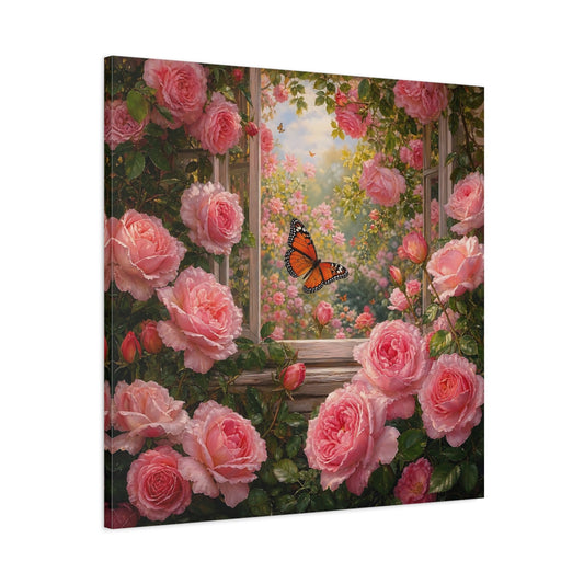 Main Mockup. Rich Layered Realism Butterfly Among Garden Roses shown as stretched canvas wall art