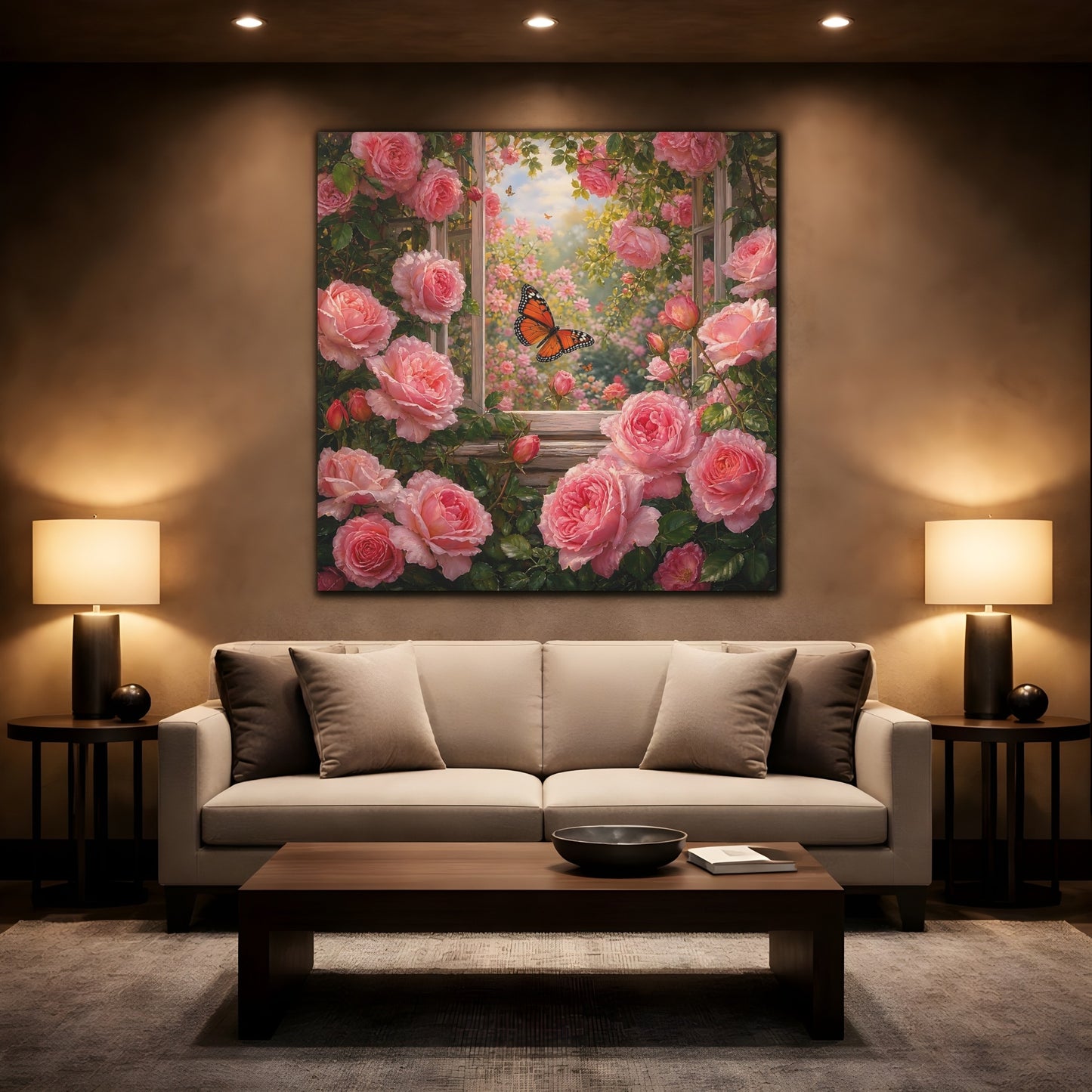 Mockup 2. Rich Layered Realism Butterfly Among Garden Roses shown as stretched canvas wall art