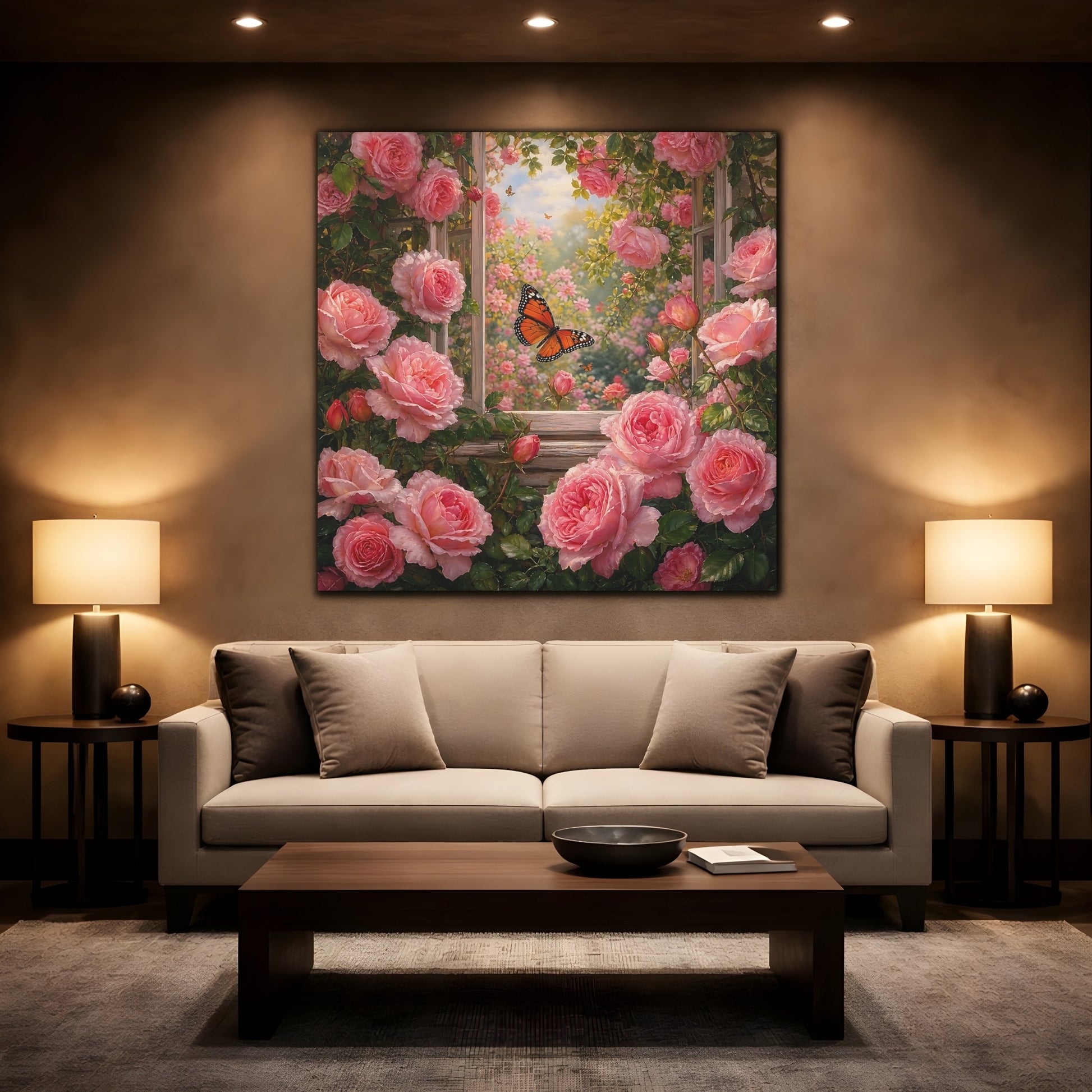 Mockup 2. Rich Layered Realism Butterfly Among Garden Roses shown as stretched canvas wall art