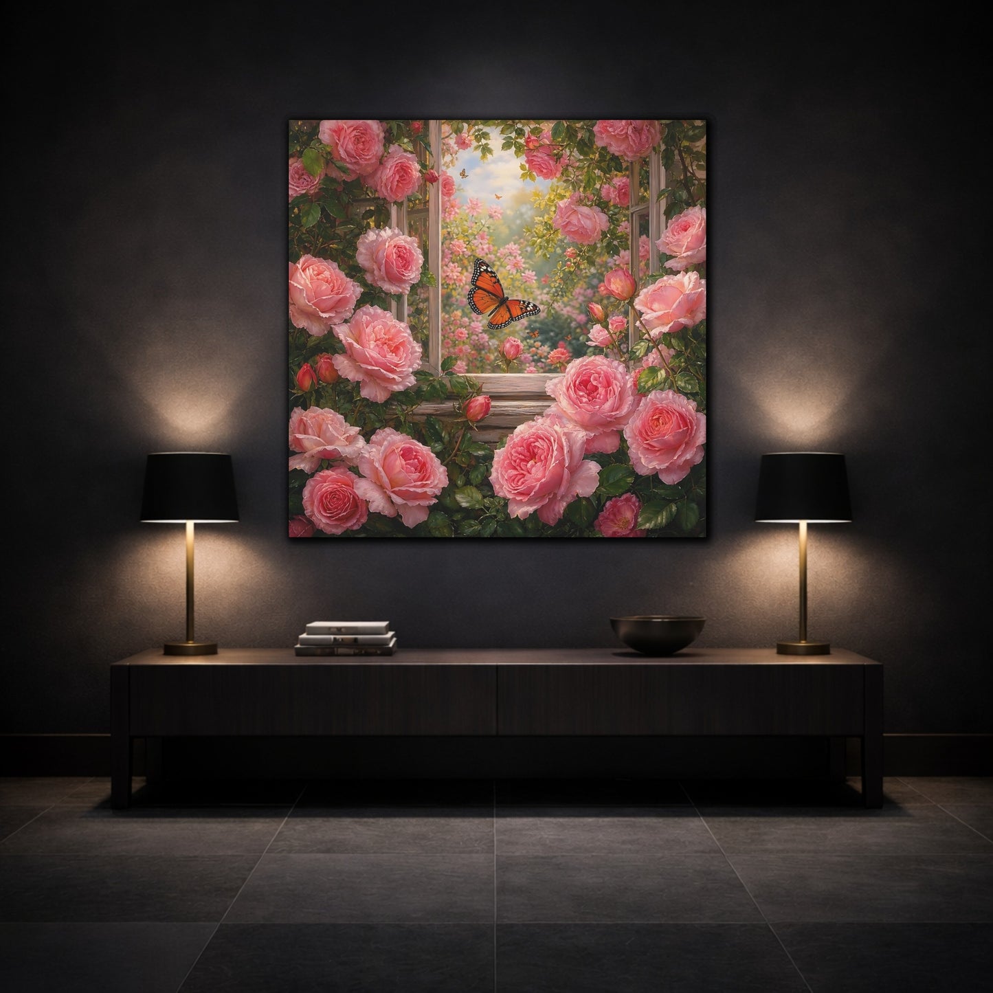 Mockup 3. Rich Layered Realism Butterfly Among Garden Roses shown as stretched canvas wall art