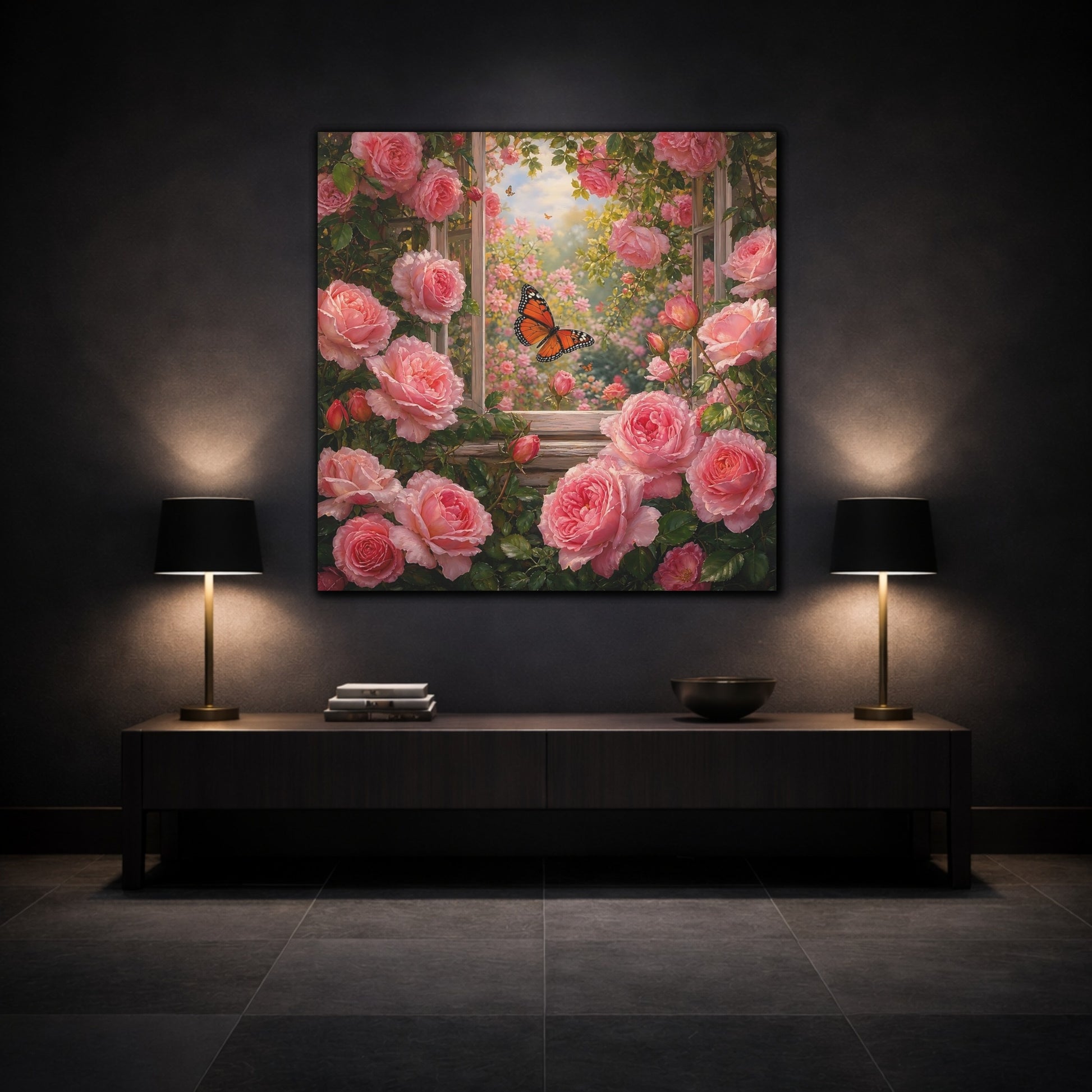 Mockup 3. Rich Layered Realism Butterfly Among Garden Roses shown as stretched canvas wall art