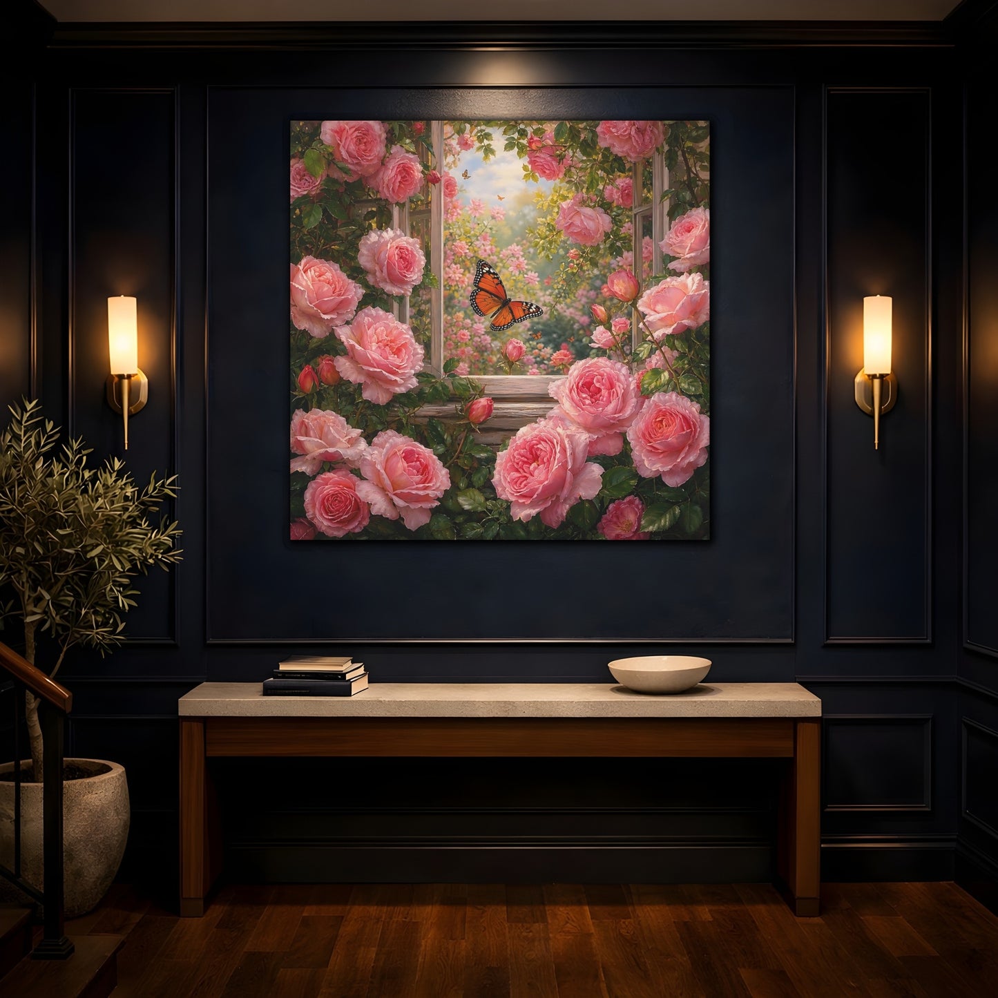 Mockup 4. Rich Layered Realism Butterfly Among Garden Roses shown as stretched canvas wall art