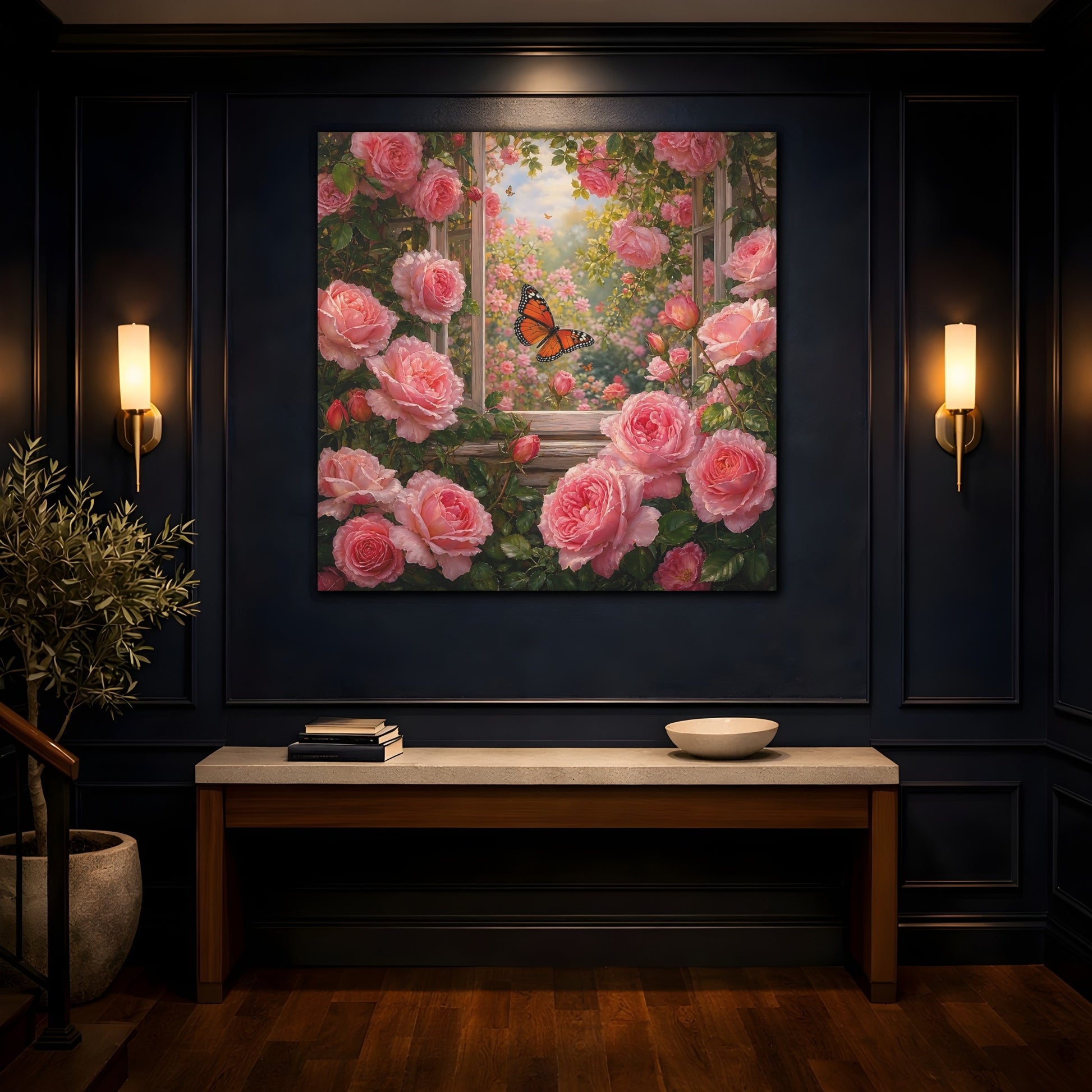 Mockup 4. Rich Layered Realism Butterfly Among Garden Roses shown as stretched canvas wall art