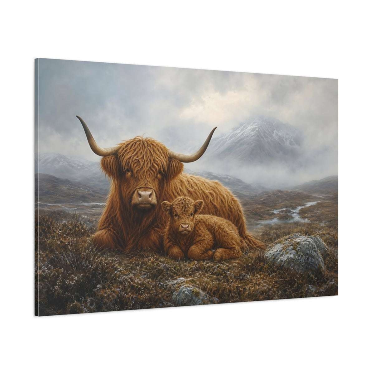 Side Mockup 1. Rich Layered Realism Highland Cow In Cold Moor Mist shown as stretched canvas wall art