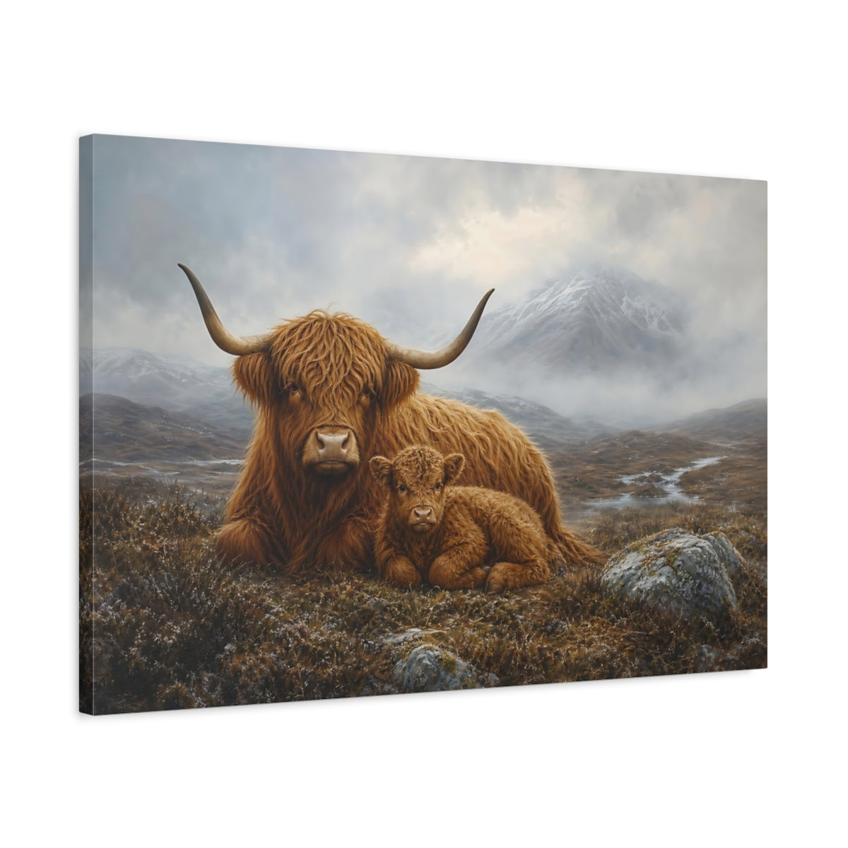 Side Mockup 2. Rich Layered Realism Highland Cow In Cold Moor Mist shown as stretched canvas wall art