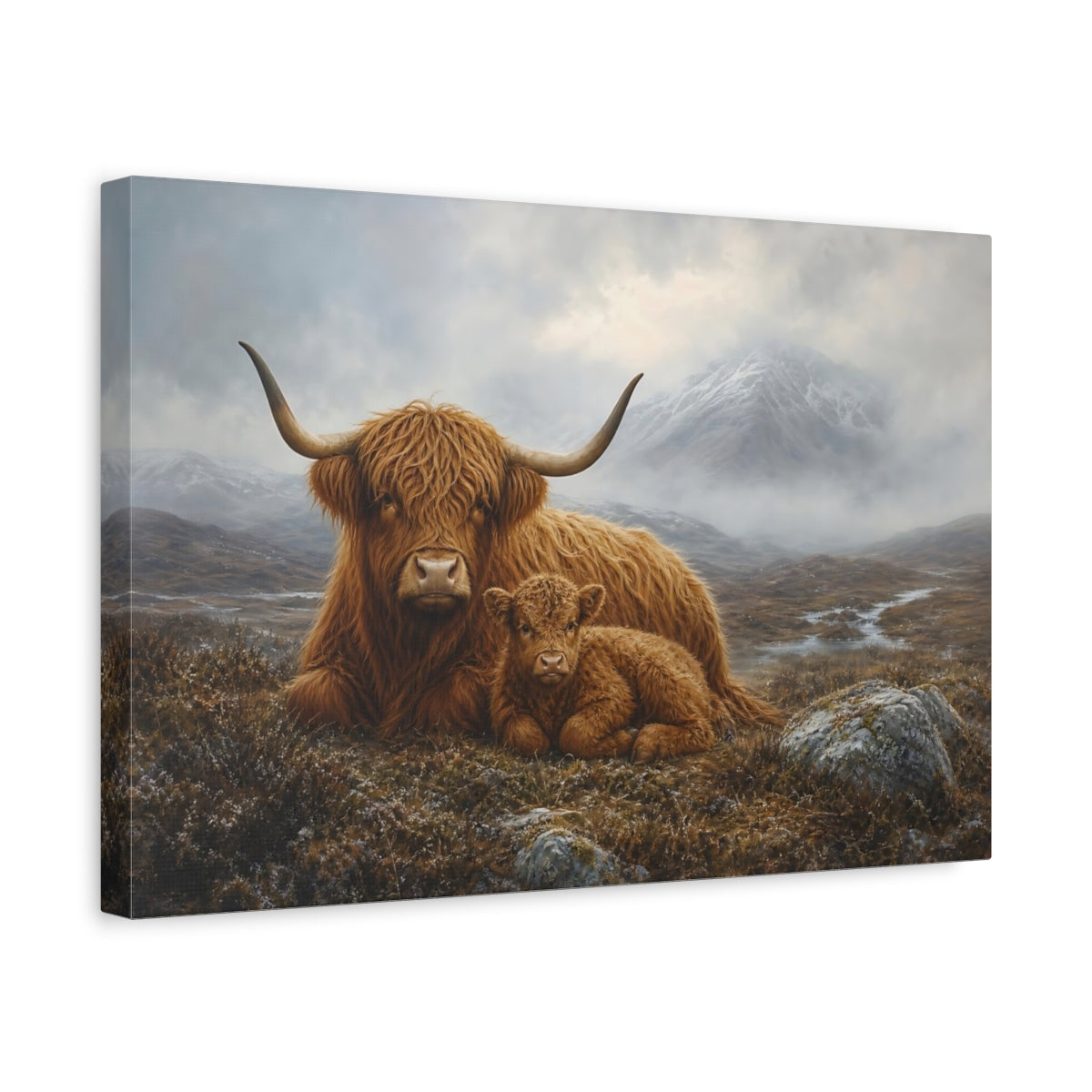 Side Mockup 4. Rich Layered Realism Highland Cow In Cold Moor Mist shown as stretched canvas wall art