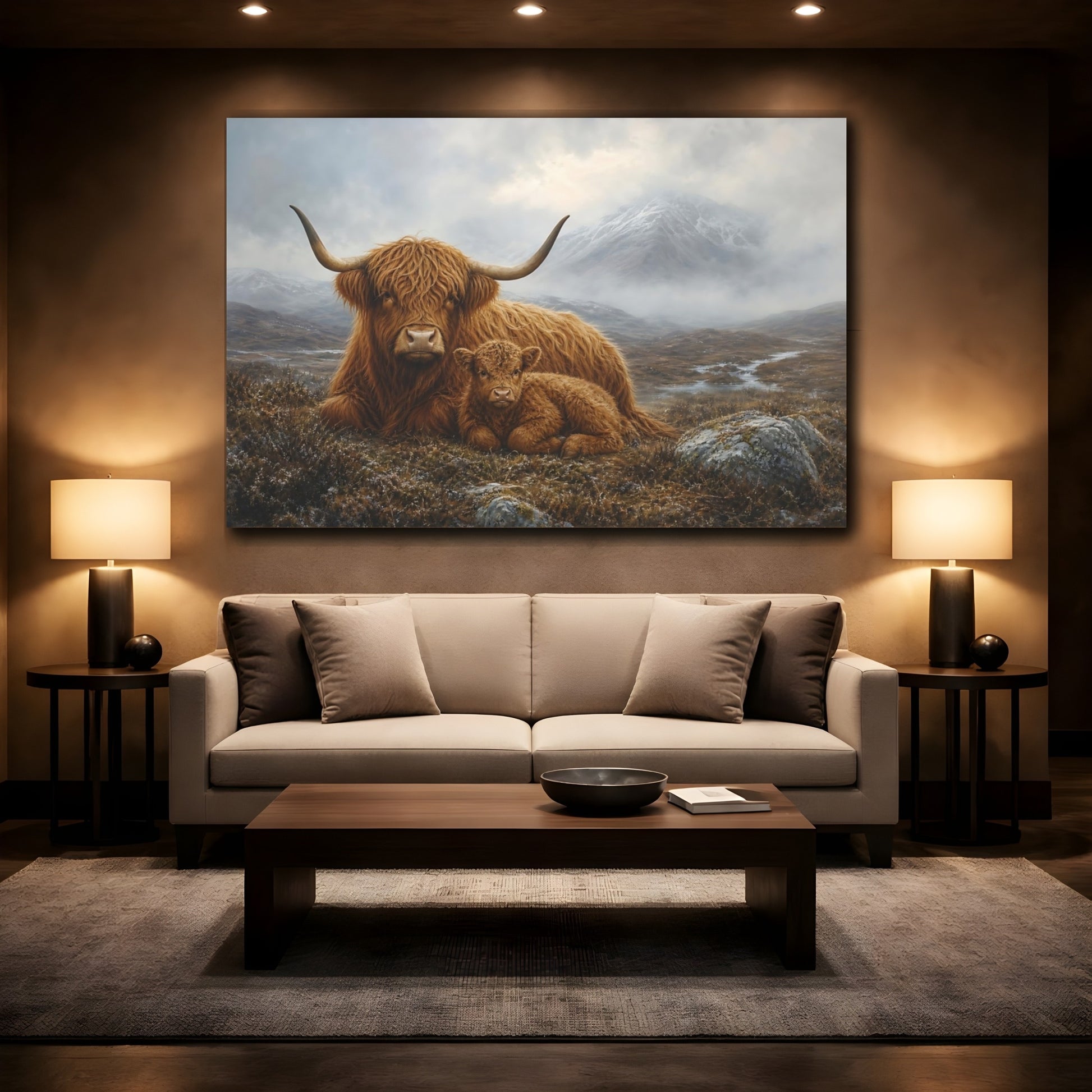 Mockup 2. Rich Layered Realism Highland Cow In Cold Moor Mist shown as stretched canvas wall art