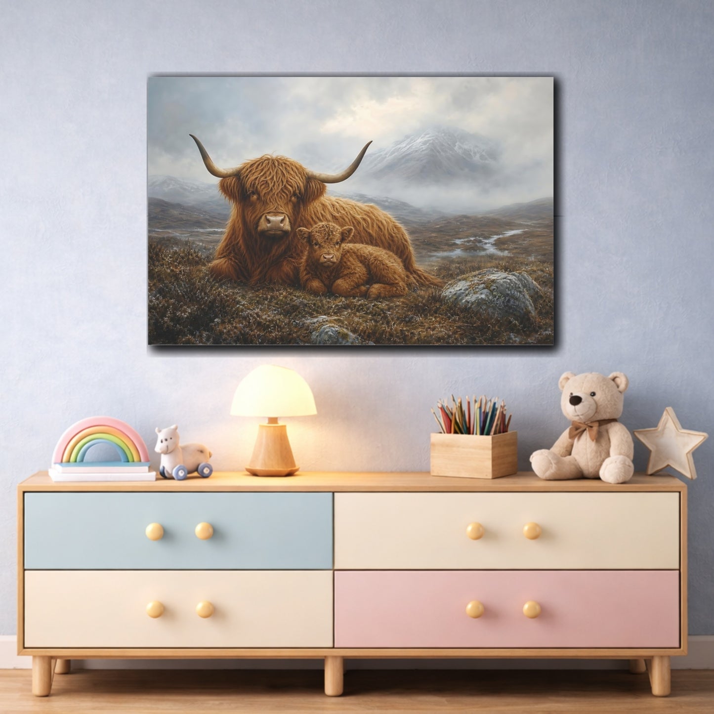 Mockup 3. Rich Layered Realism Highland Cow In Cold Moor Mist shown as stretched canvas wall art