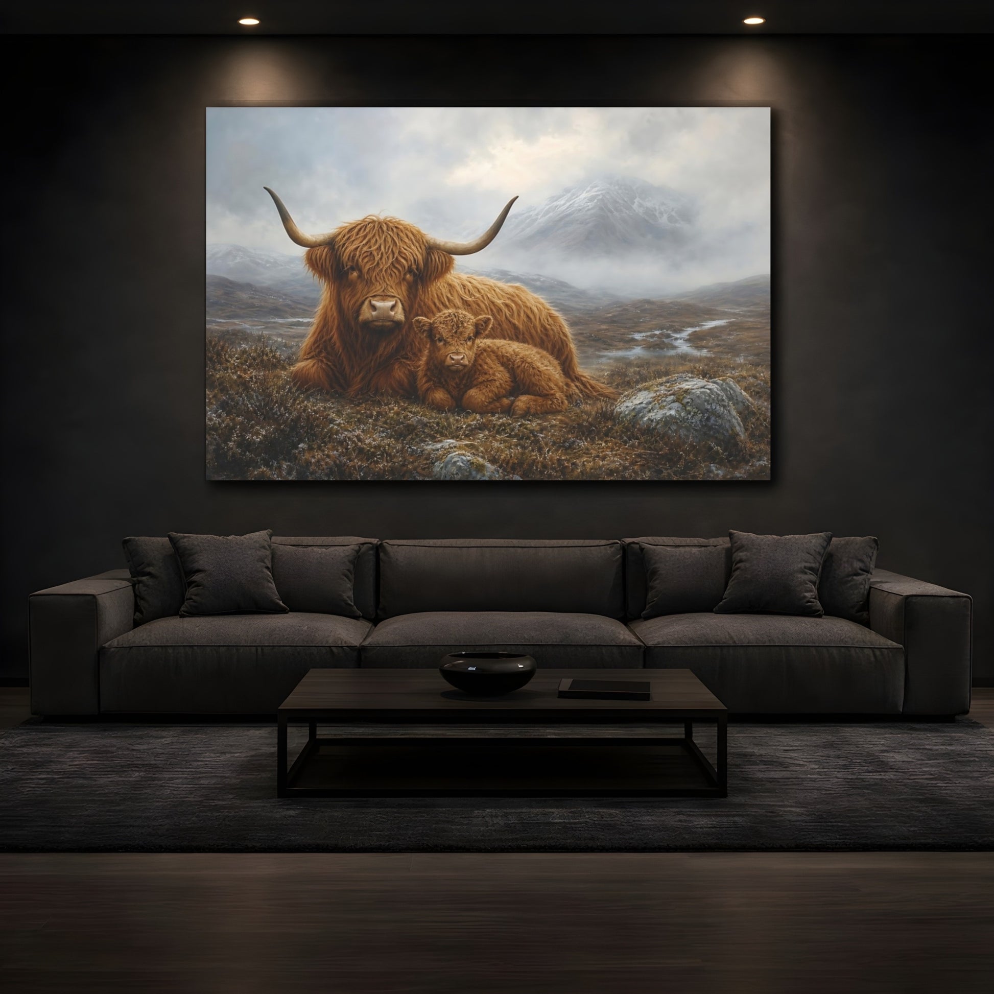 Mockup 4. Rich Layered Realism Highland Cow In Cold Moor Mist shown as stretched canvas wall art