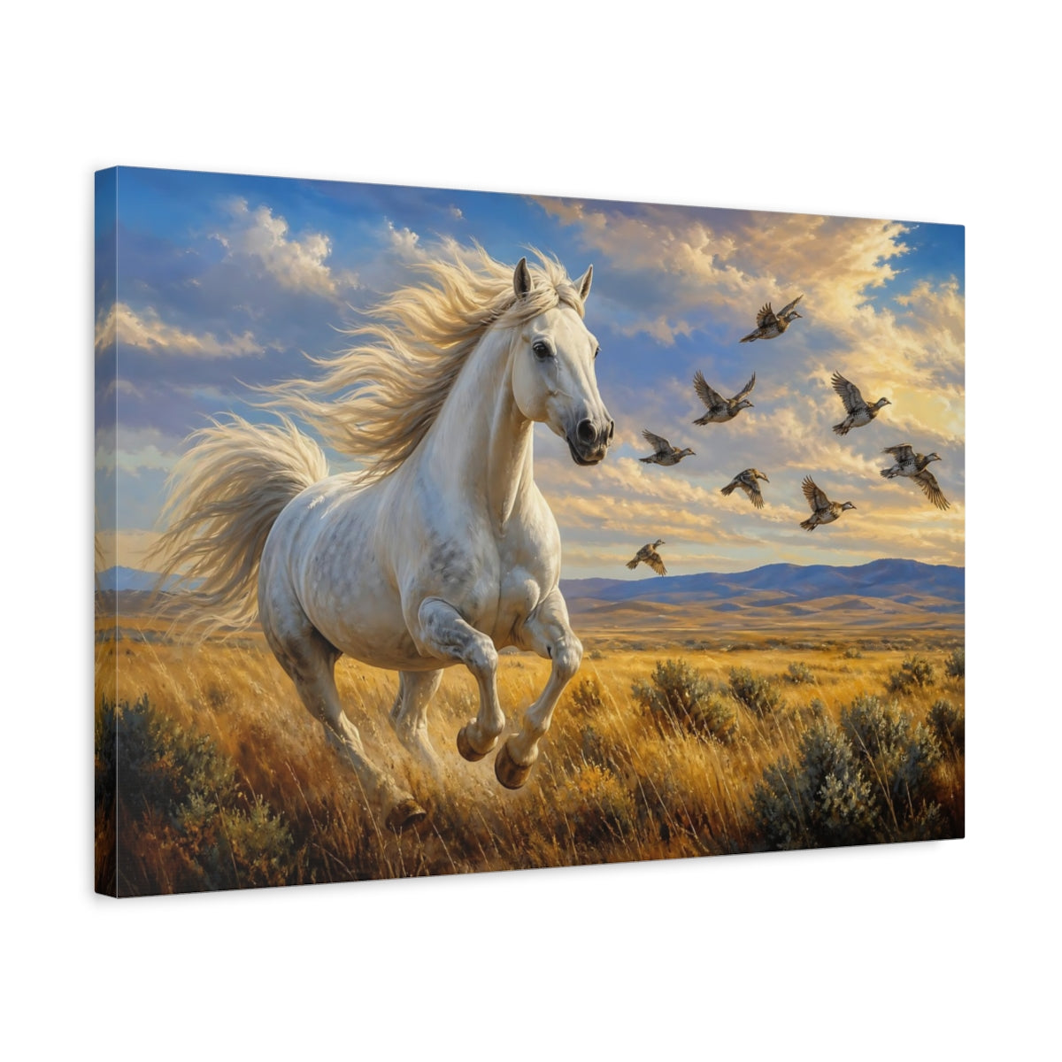 Side Mockup 3. Rich Layered Realism Horse And Birds In Windblown Prairie shown as stretched canvas wall art