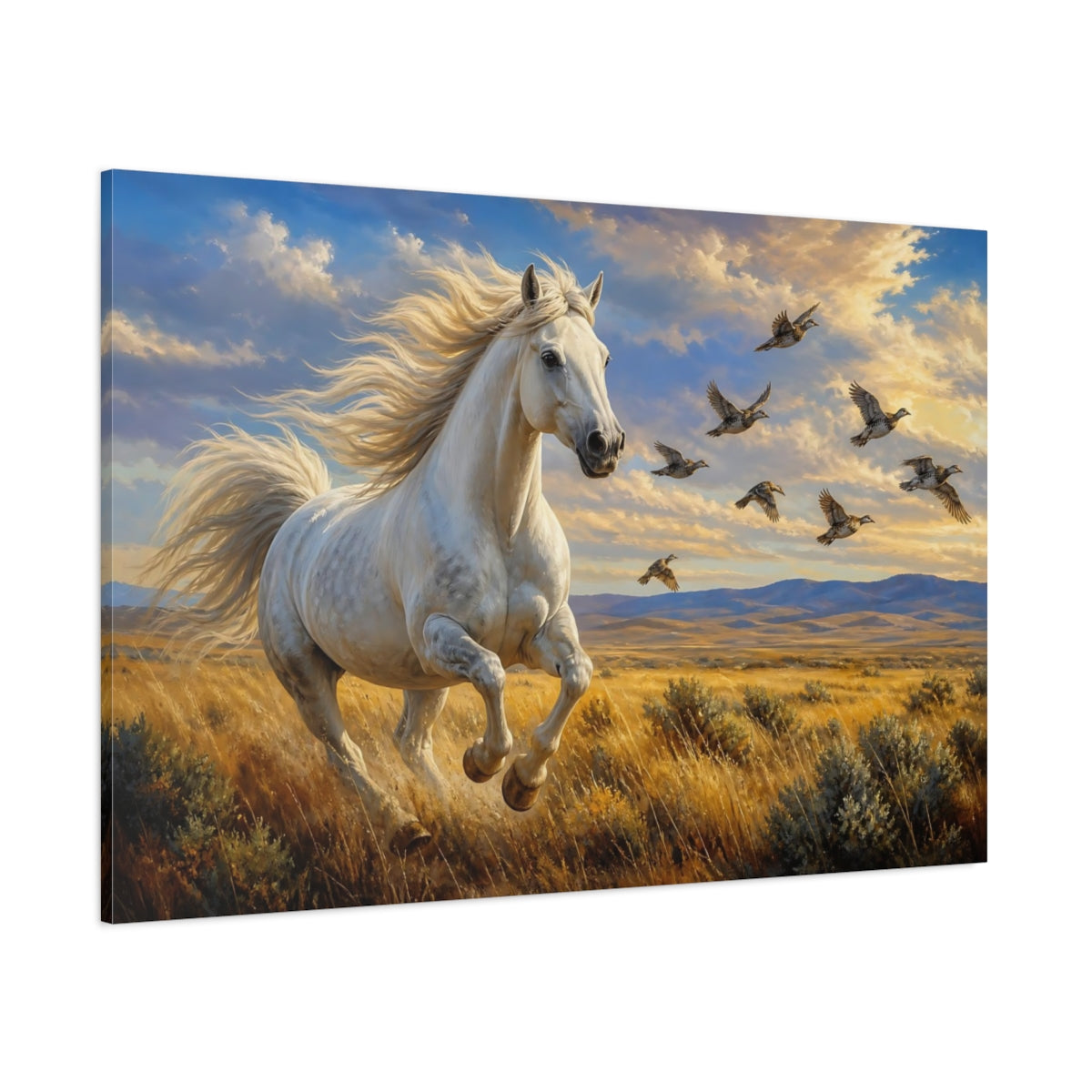 Side Mockup 1. Rich Layered Realism Horse And Birds In Windblown Prairie shown as stretched canvas wall art