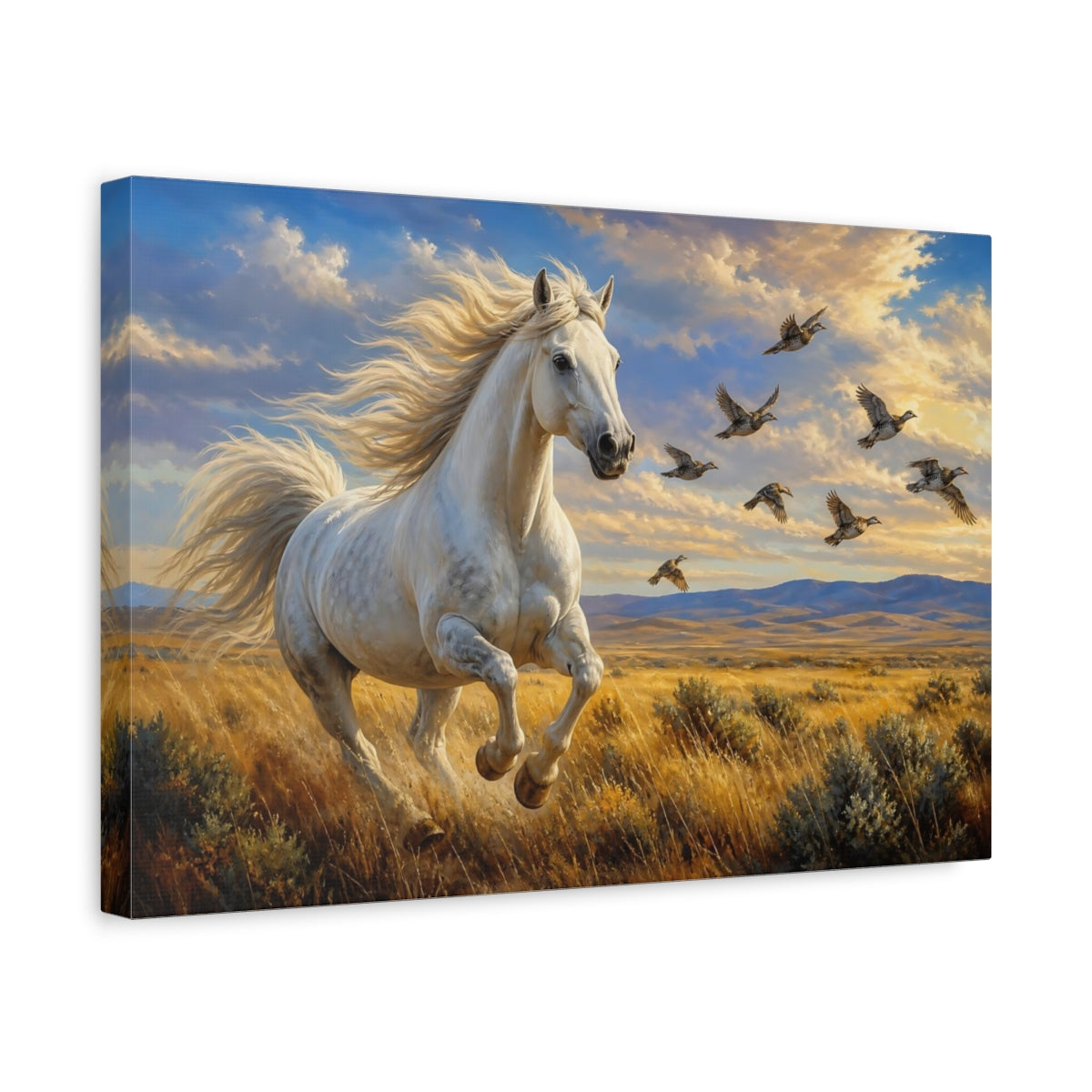 Side Mockup 4. Rich Layered Realism Horse And Birds In Windblown Prairie shown as stretched canvas wall art