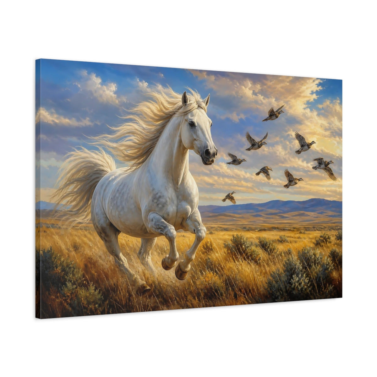Main Mockup. Rich Layered Realism Horse And Birds In Windblown Prairie shown as stretched canvas wall art