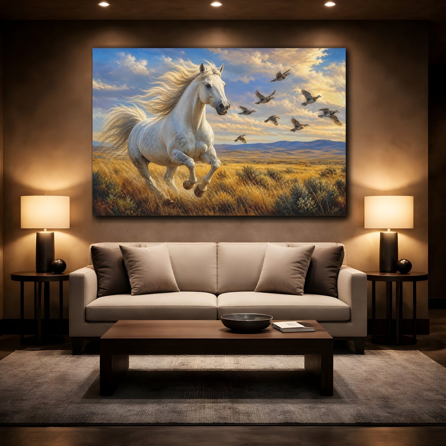 Mockup 2. Rich Layered Realism Horse And Birds In Windblown Prairie shown as stretched canvas wall art
