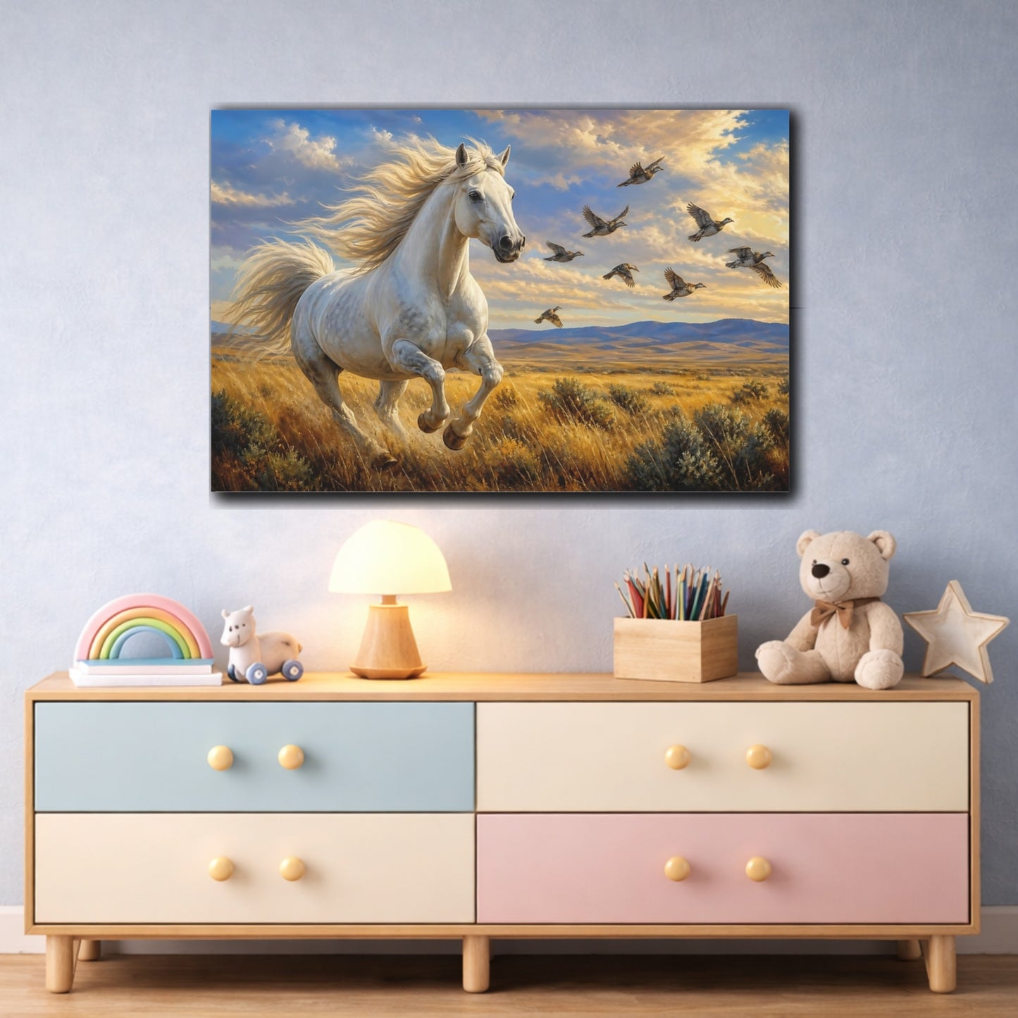 Mockup 3. Rich Layered Realism Horse And Birds In Windblown Prairie shown as stretched canvas wall art